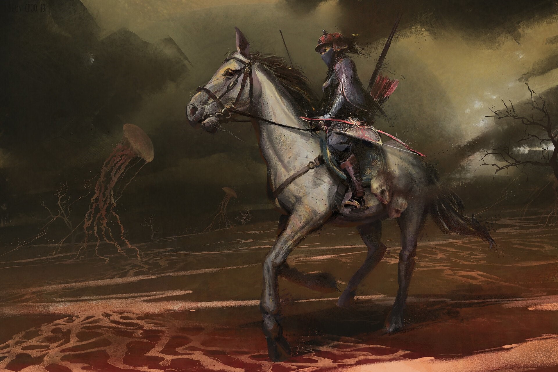 Fantasy warrior on horseback with bow and arrow HD Wallpaper