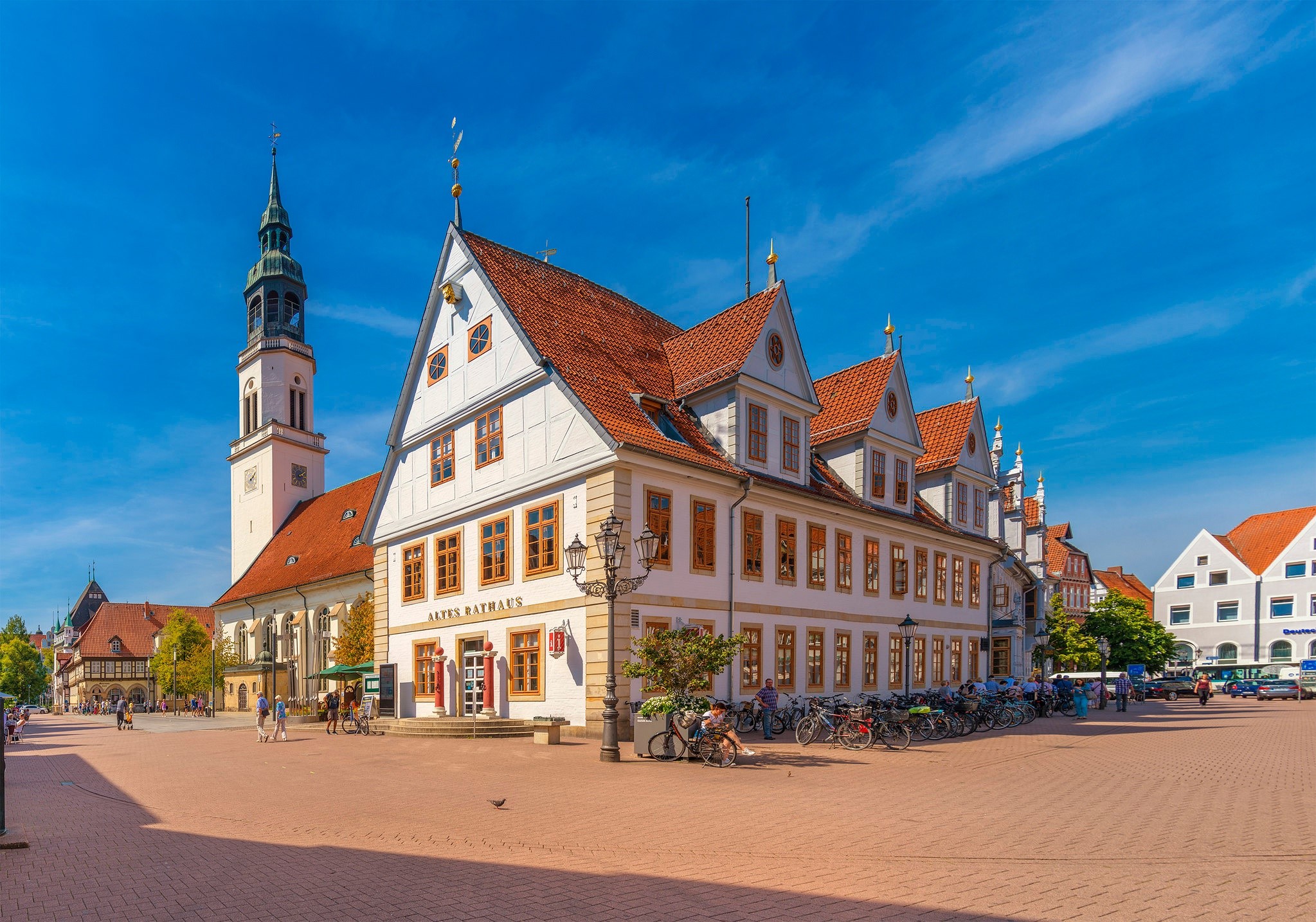 Altes Rathaus and church tower in Celle, Germany HD Wallpaper