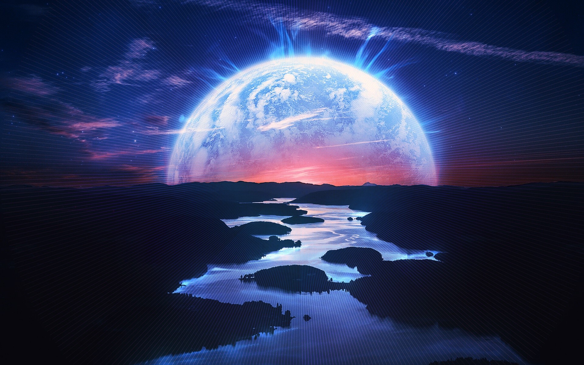 Alien planet with a large moon and river HD Wallpaper