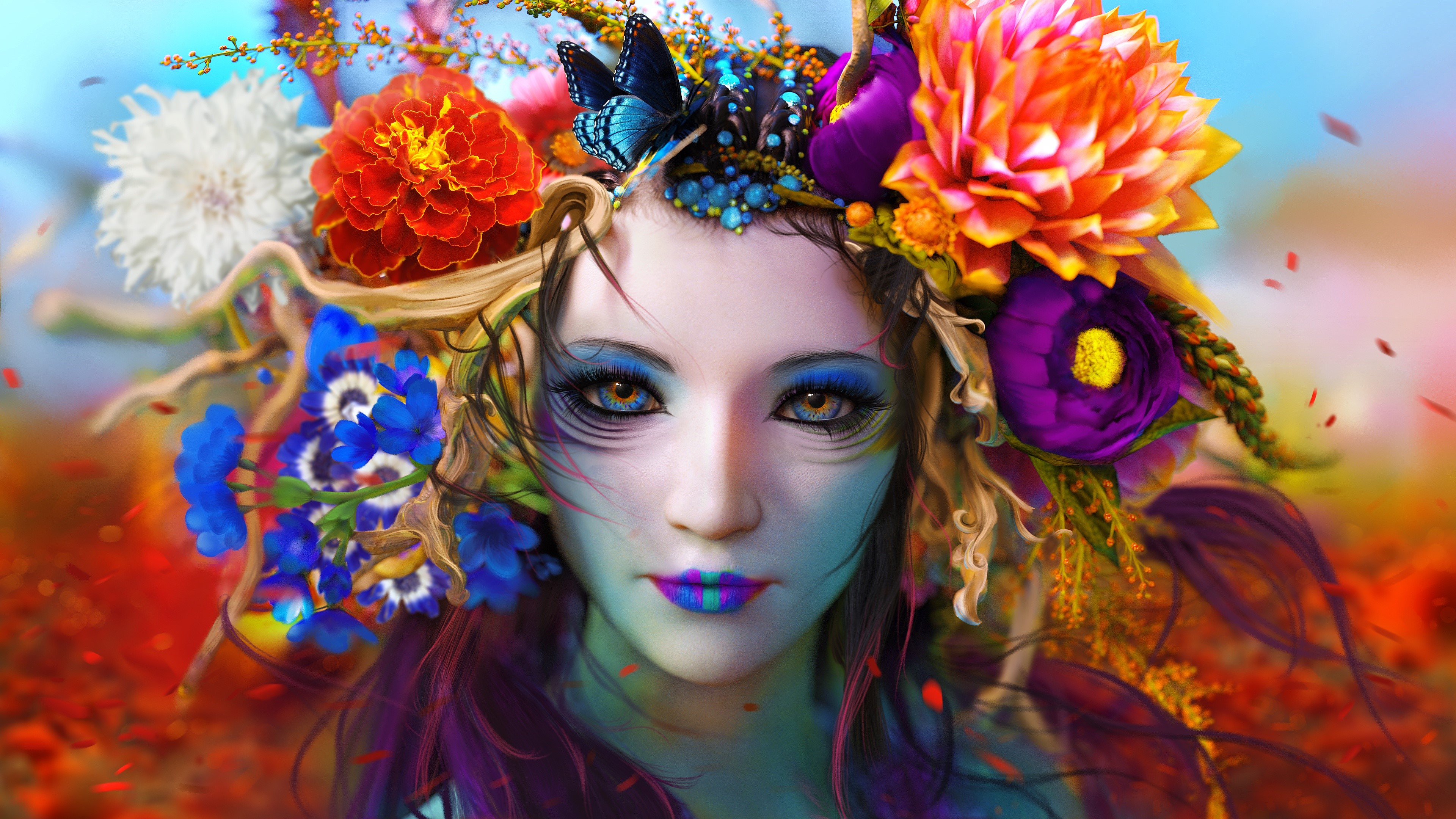 4K Fantasy Art of a Woman with Flowers HD Wallpaper