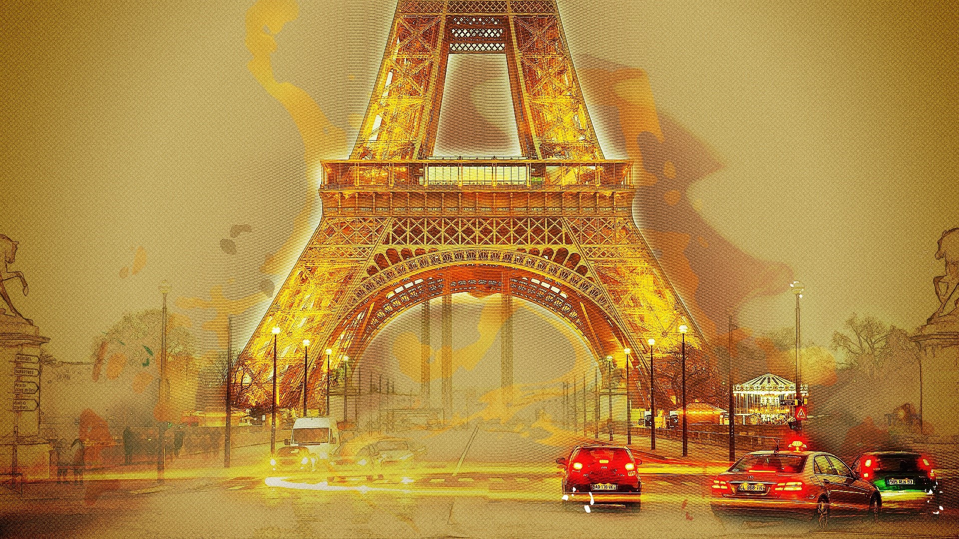 Eiffel Tower at night with traffic HD Wallpaper