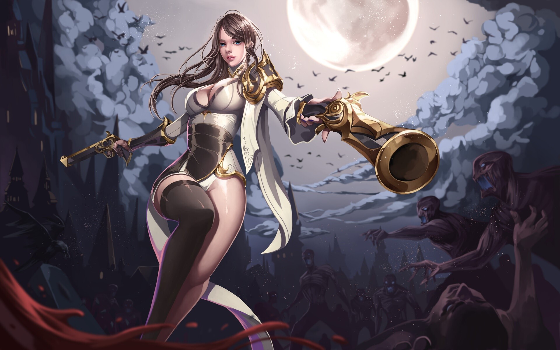 Fantasy art of a woman with guns fighting zombies HD Wallpaper