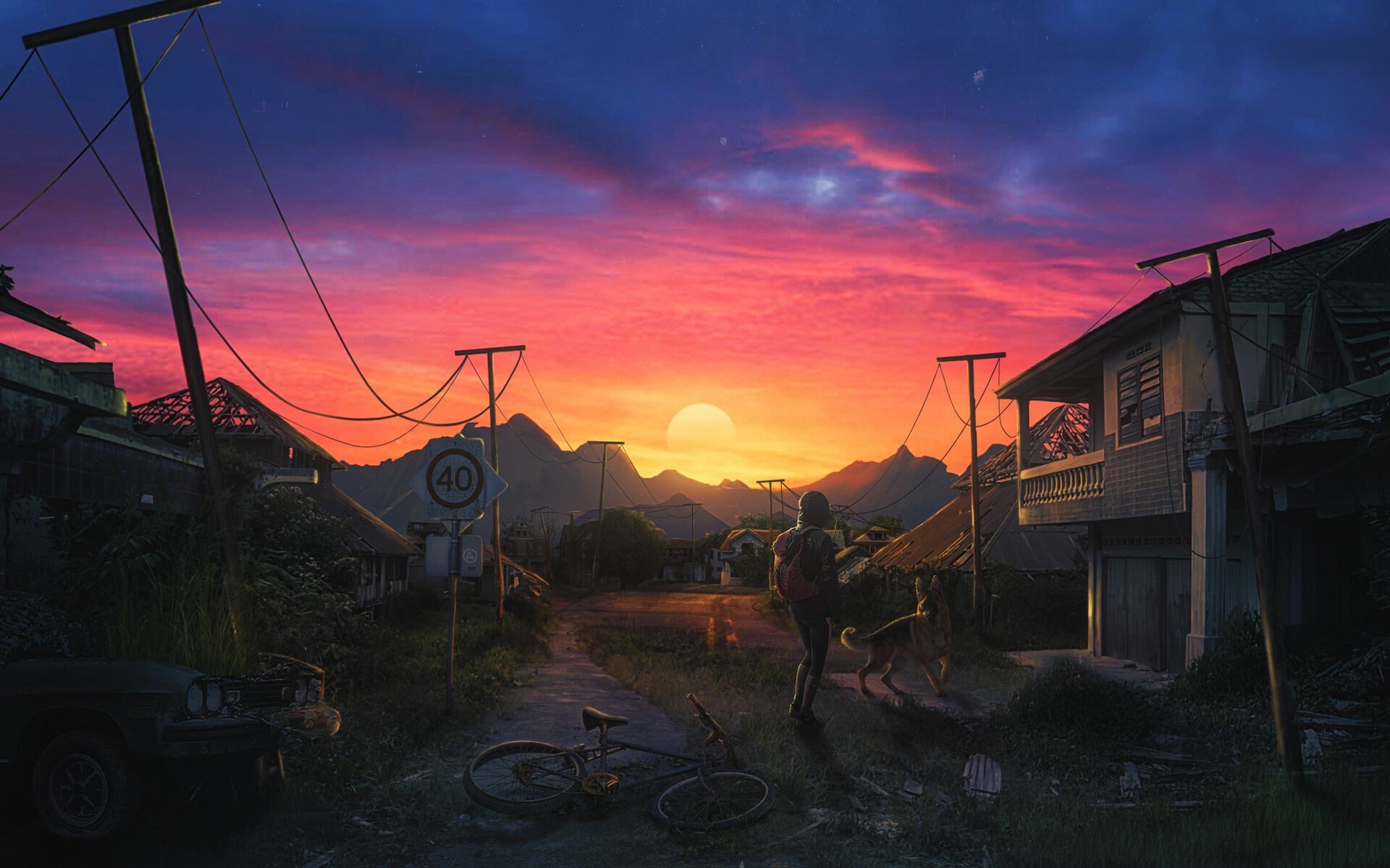 Apocalyptic street scene at sunset with a person and dog HD Wallpaper