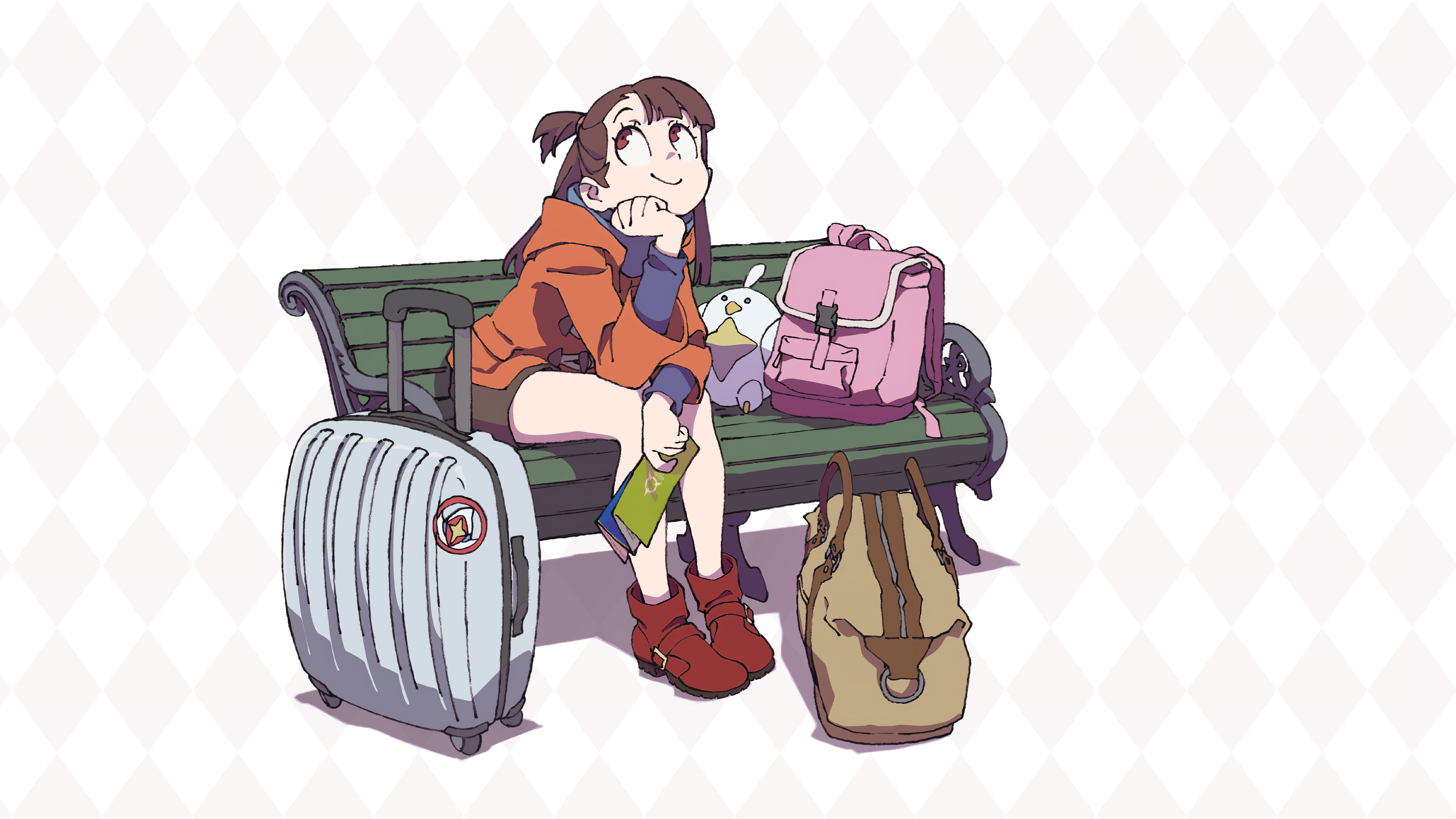 Akko Kagari from Little Witch Academia sitting on a bench with luggage HD Wallpaper