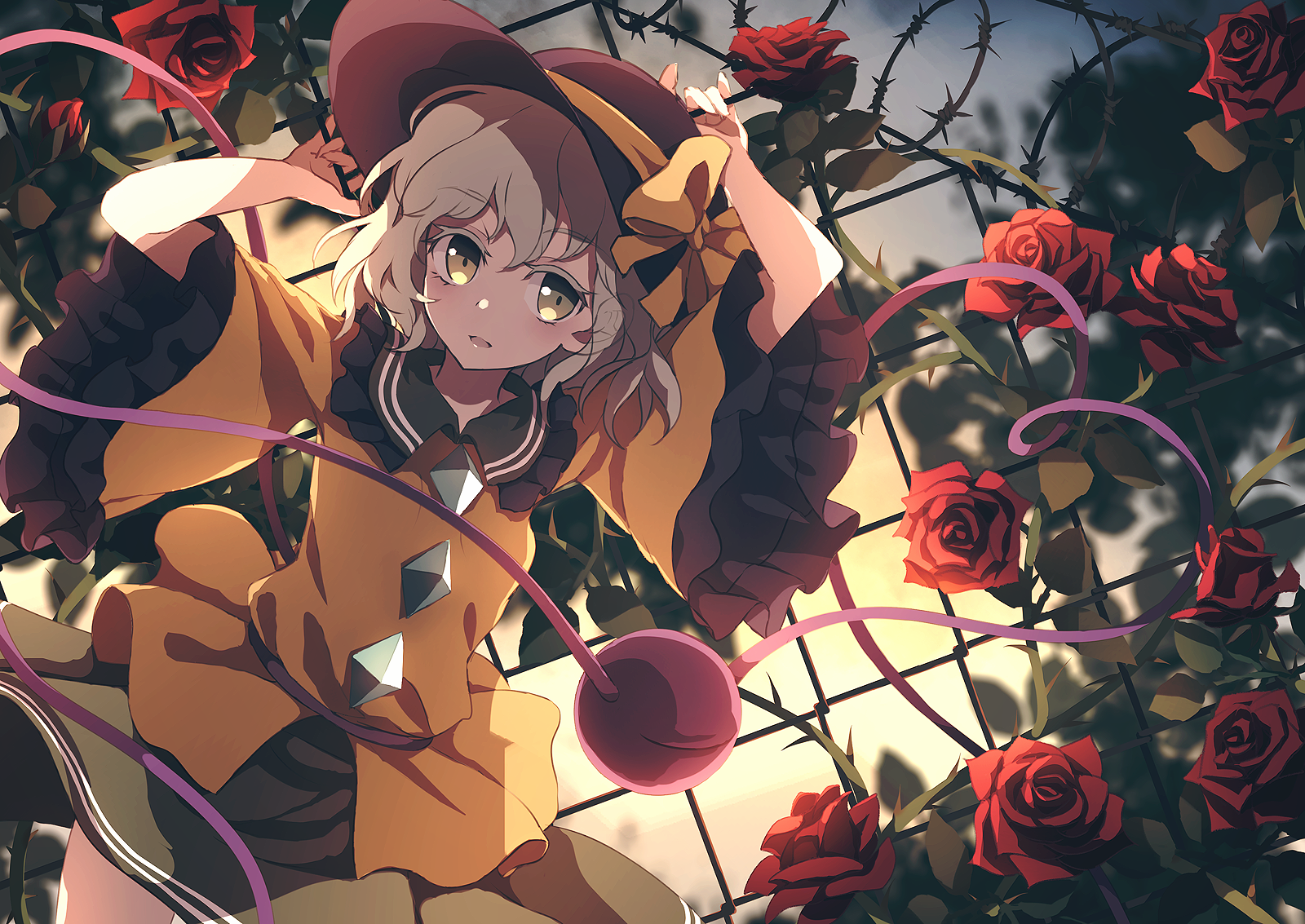 Anime girl with blonde hair in a yellow dress and hat HD Wallpaper