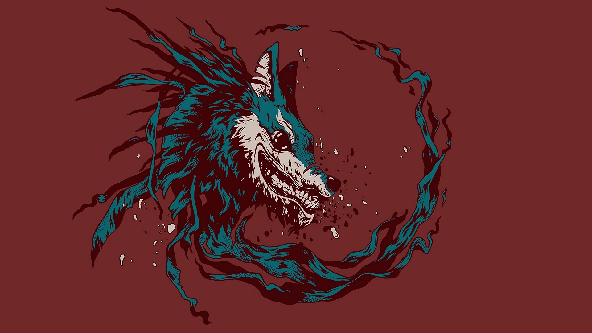 Stylized wolf artwork with dark teal and red colors HD Wallpaper