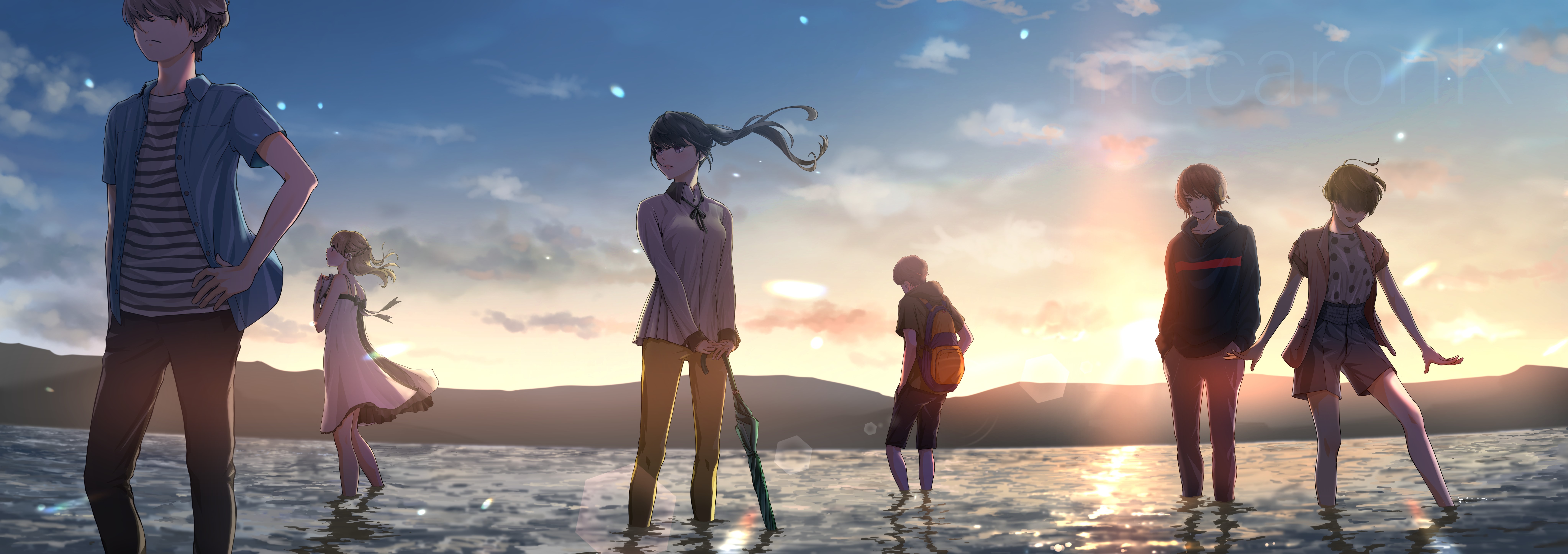 Group of people standing in water at sunset HD Wallpaper