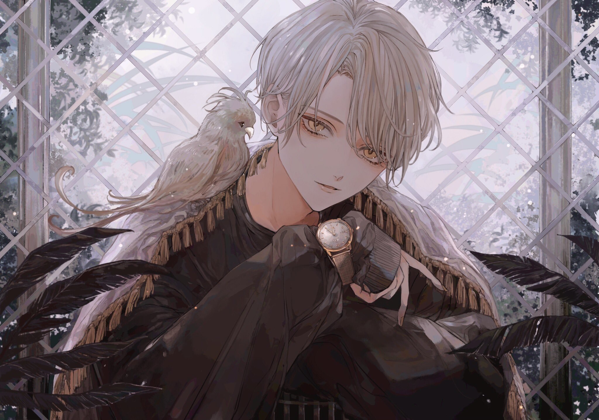 Anime boy with white hair and a bird HD Wallpaper