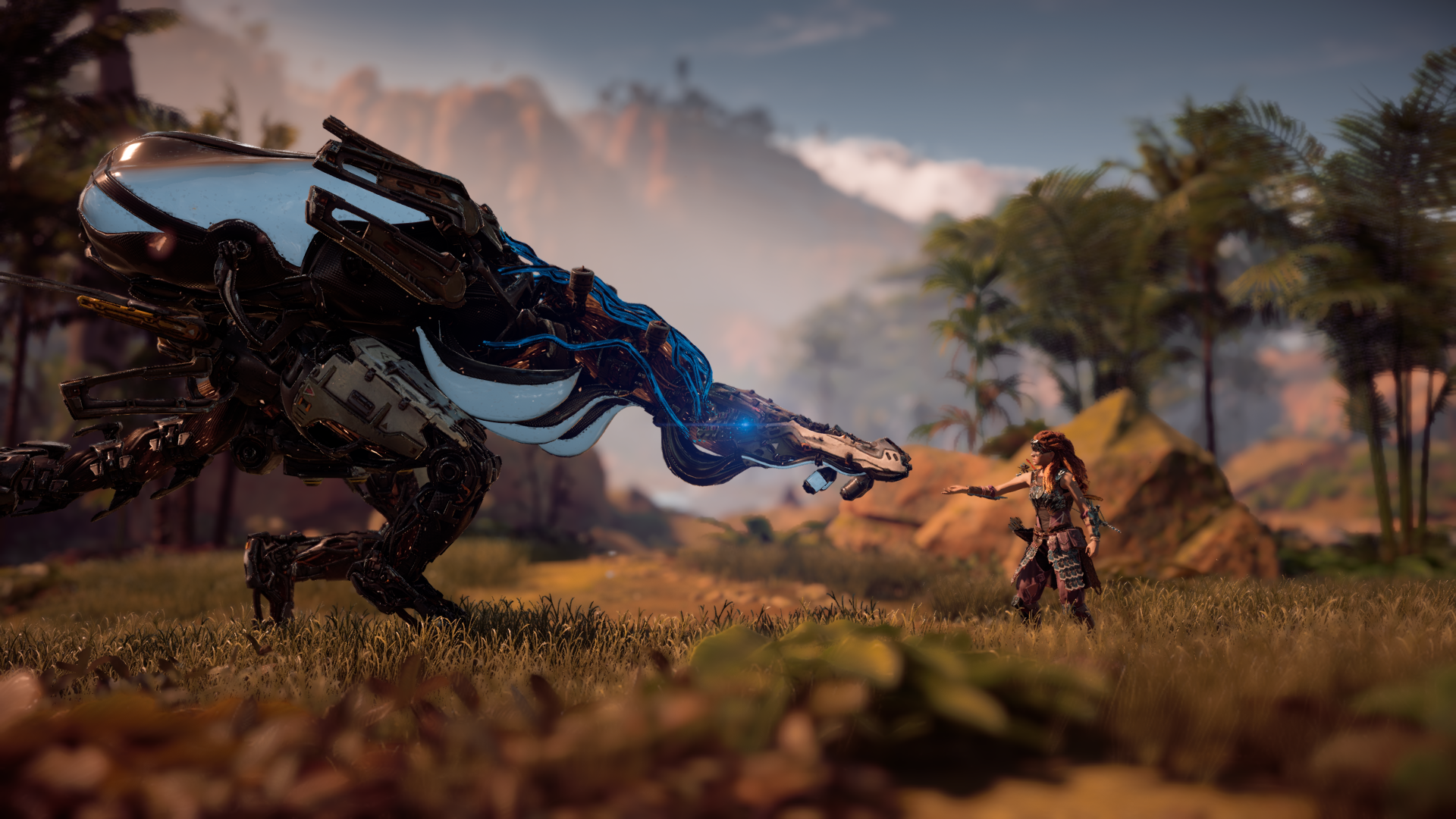 Aloy from Horizon Zero Dawn confronts a mechanical creature HD Wallpaper