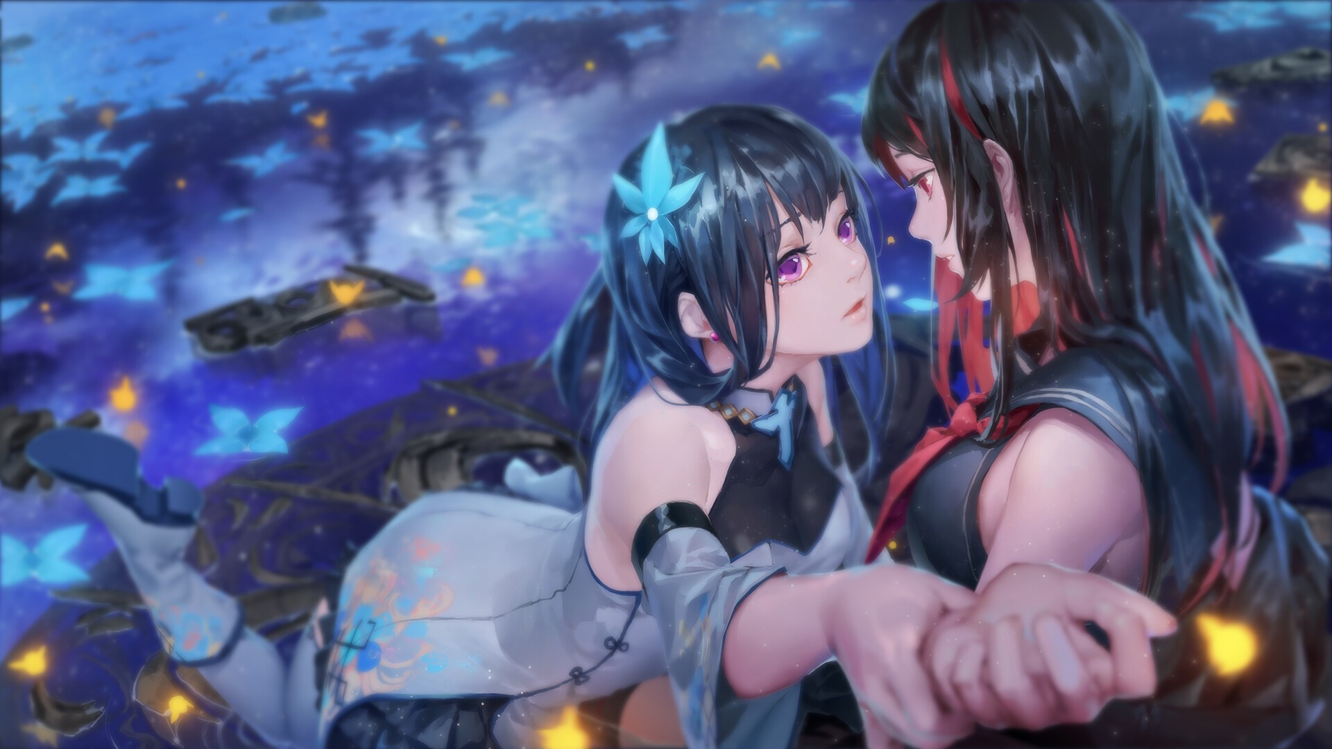 Two anime girls in a fantasy setting HD Wallpaper