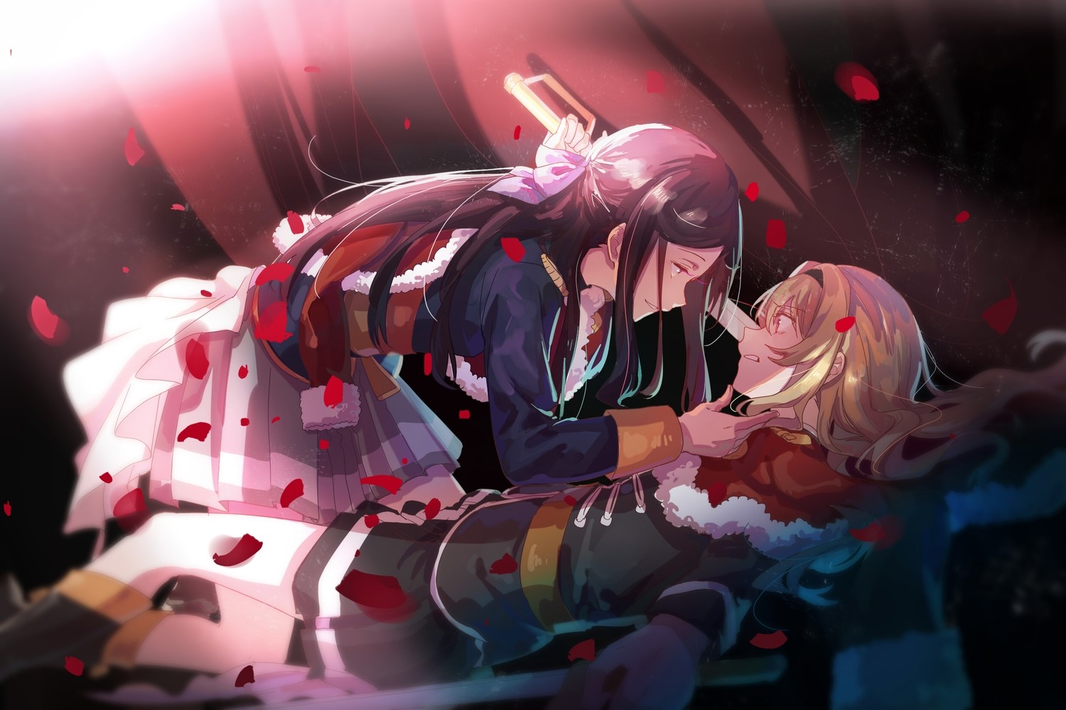 Two anime girls with a sword and rose petals HD Wallpaper