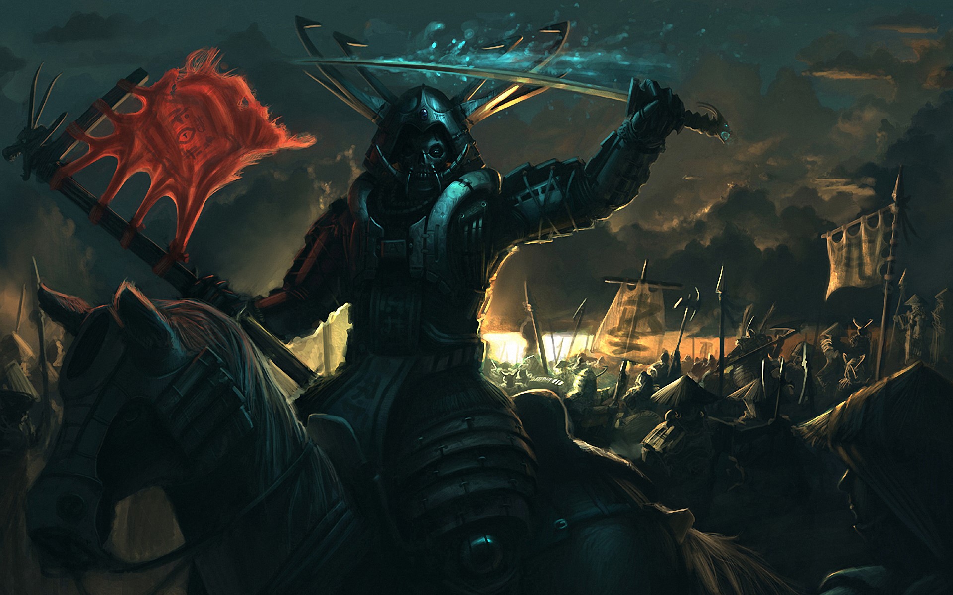 Fantasy Samurai Warrior on Horseback with Red Banner HD Wallpaper