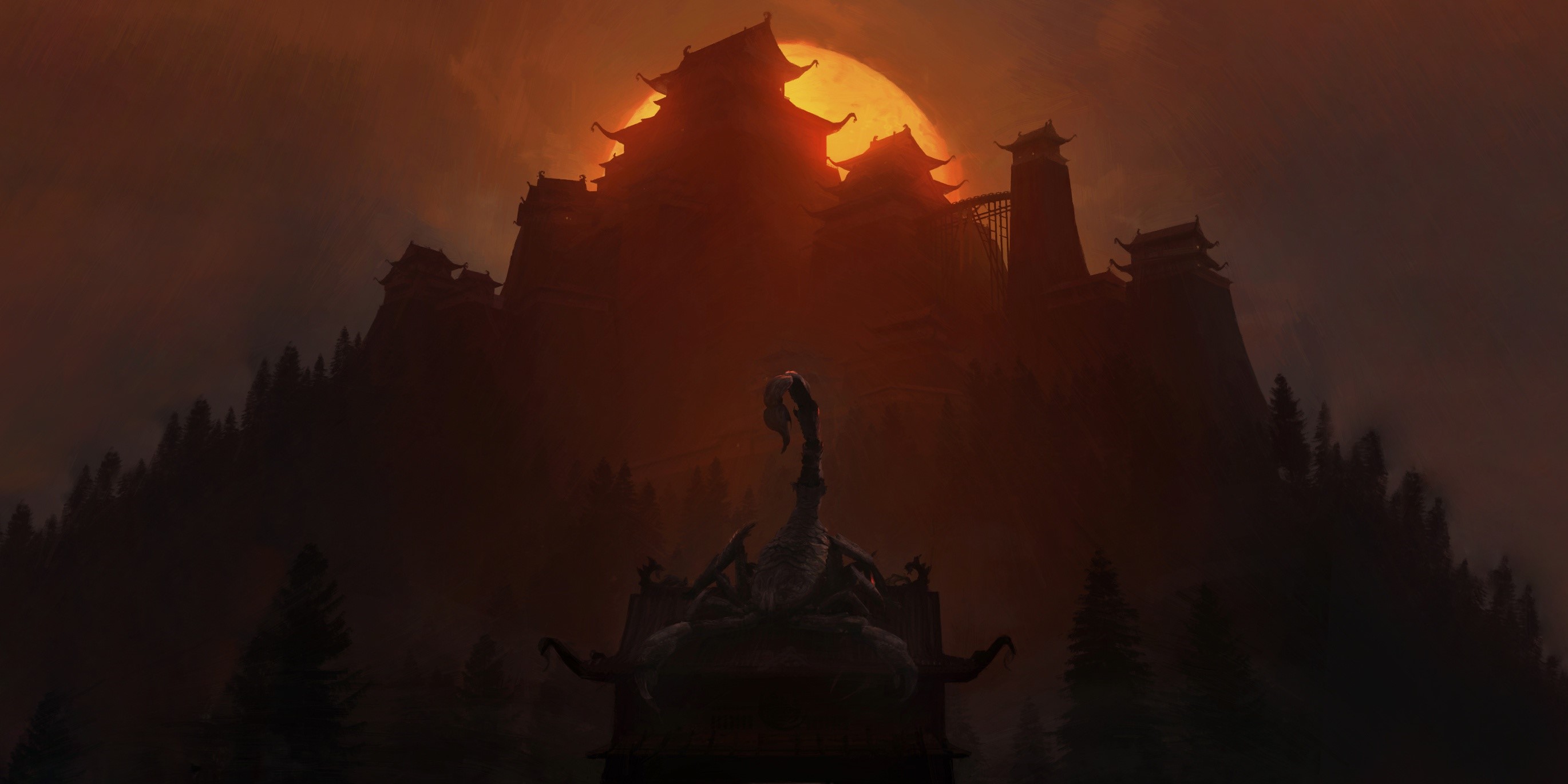 Scorpion statue in front of a dark castle at sunset HD Wallpaper