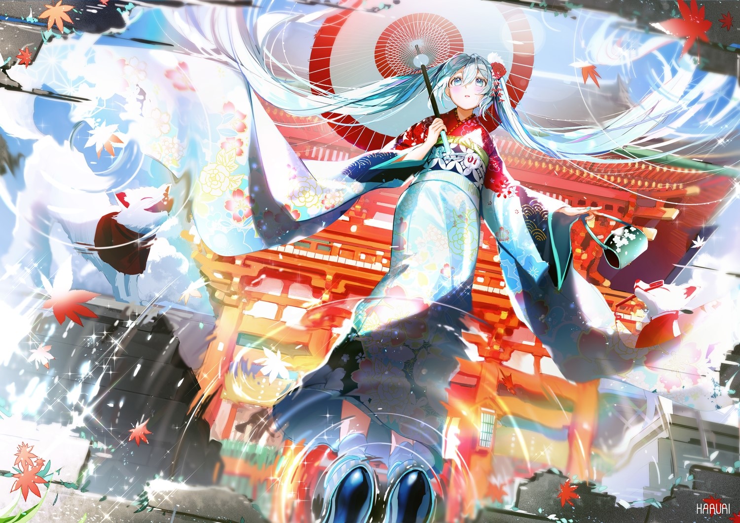 Hatsune Miku in Kimono with Umbrella and Fox Spirit HD Wallpaper