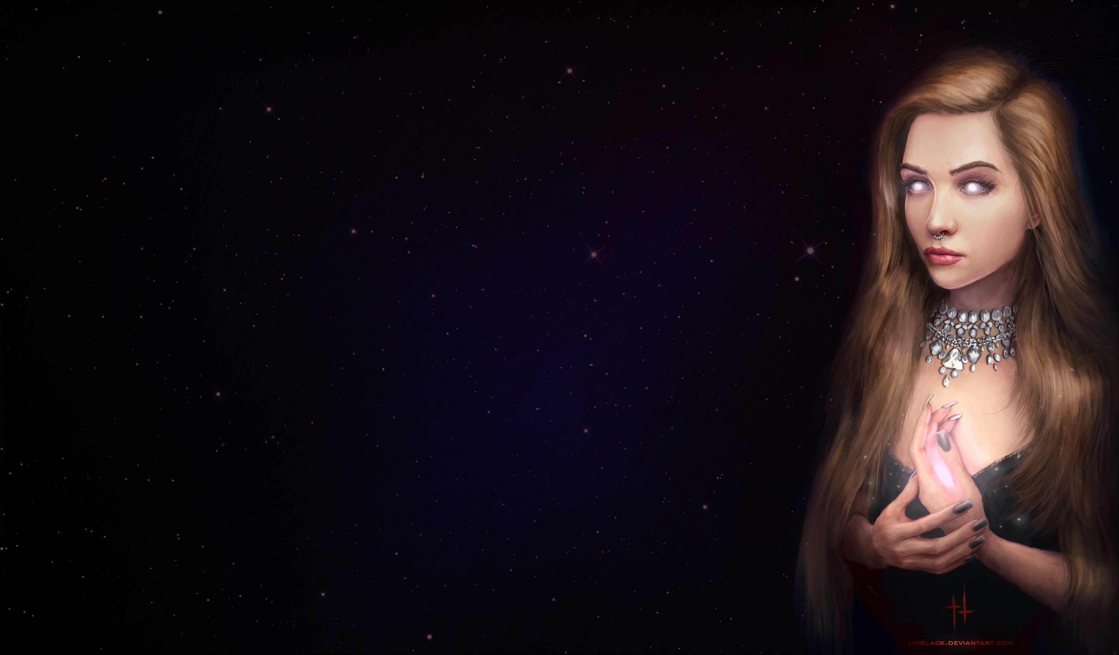 Fantasy girl with glowing eyes and hands in starry background HD Wallpaper