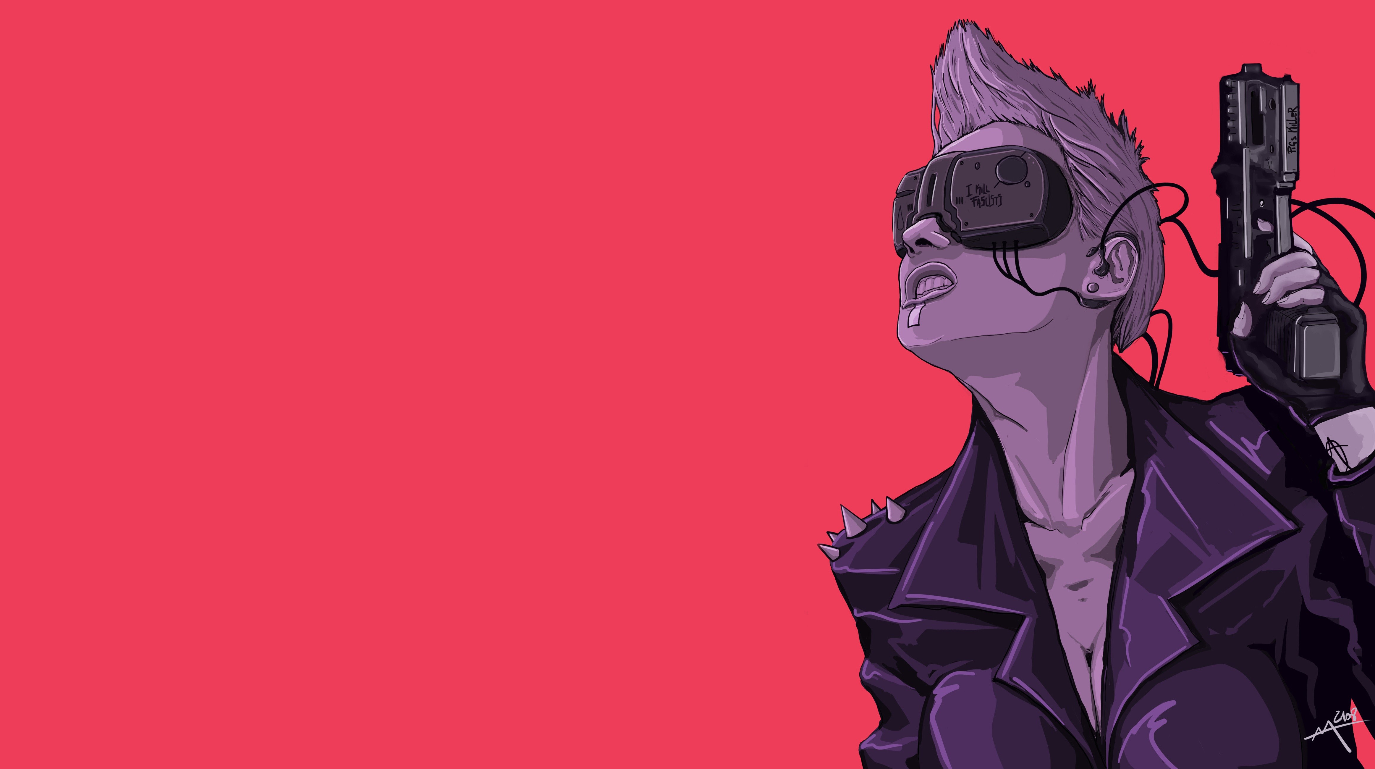 Cyberpunk woman with gun and VR goggles HD Wallpaper