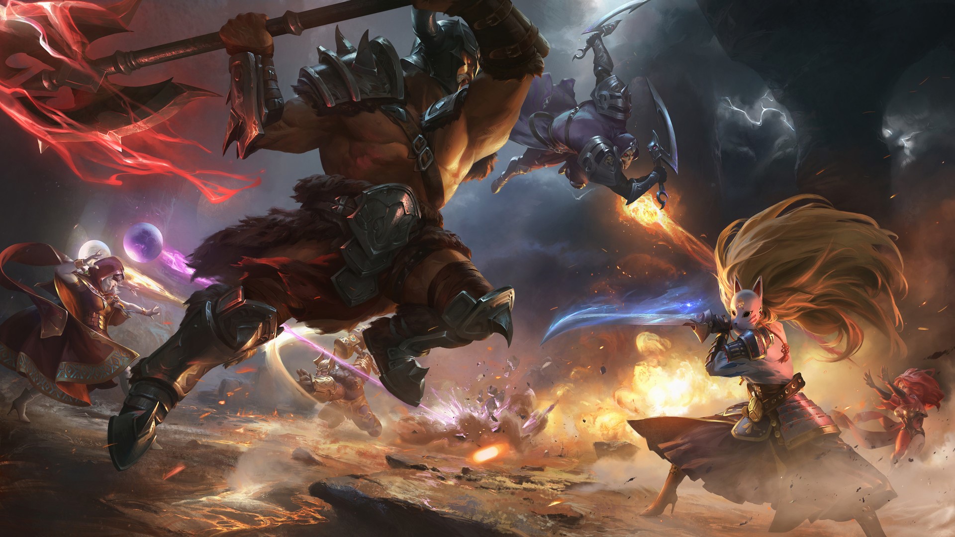 Fantasy battle artwork with warriors fighting HD Wallpaper