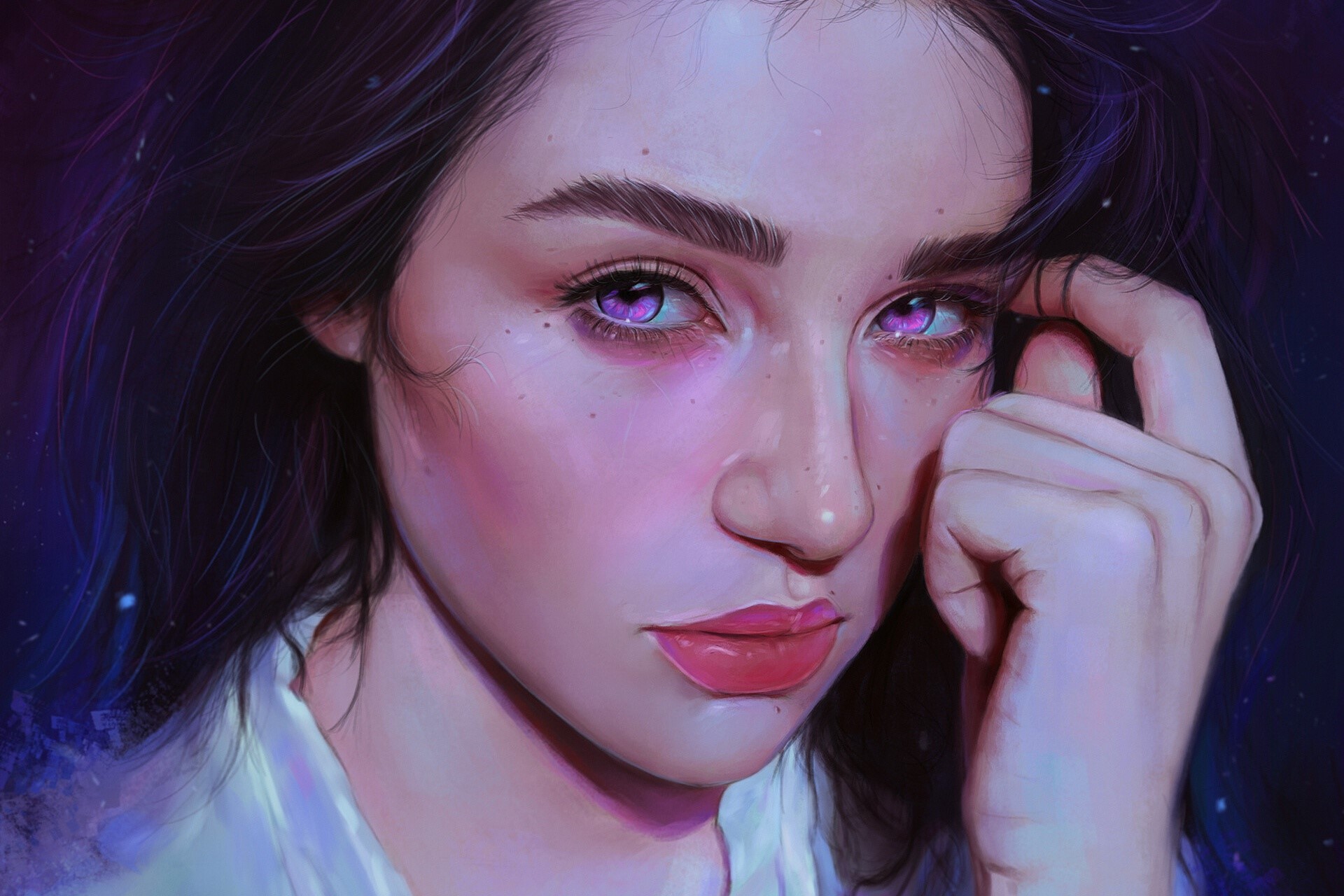 Portrait of a woman with purple eyes HD Wallpaper
