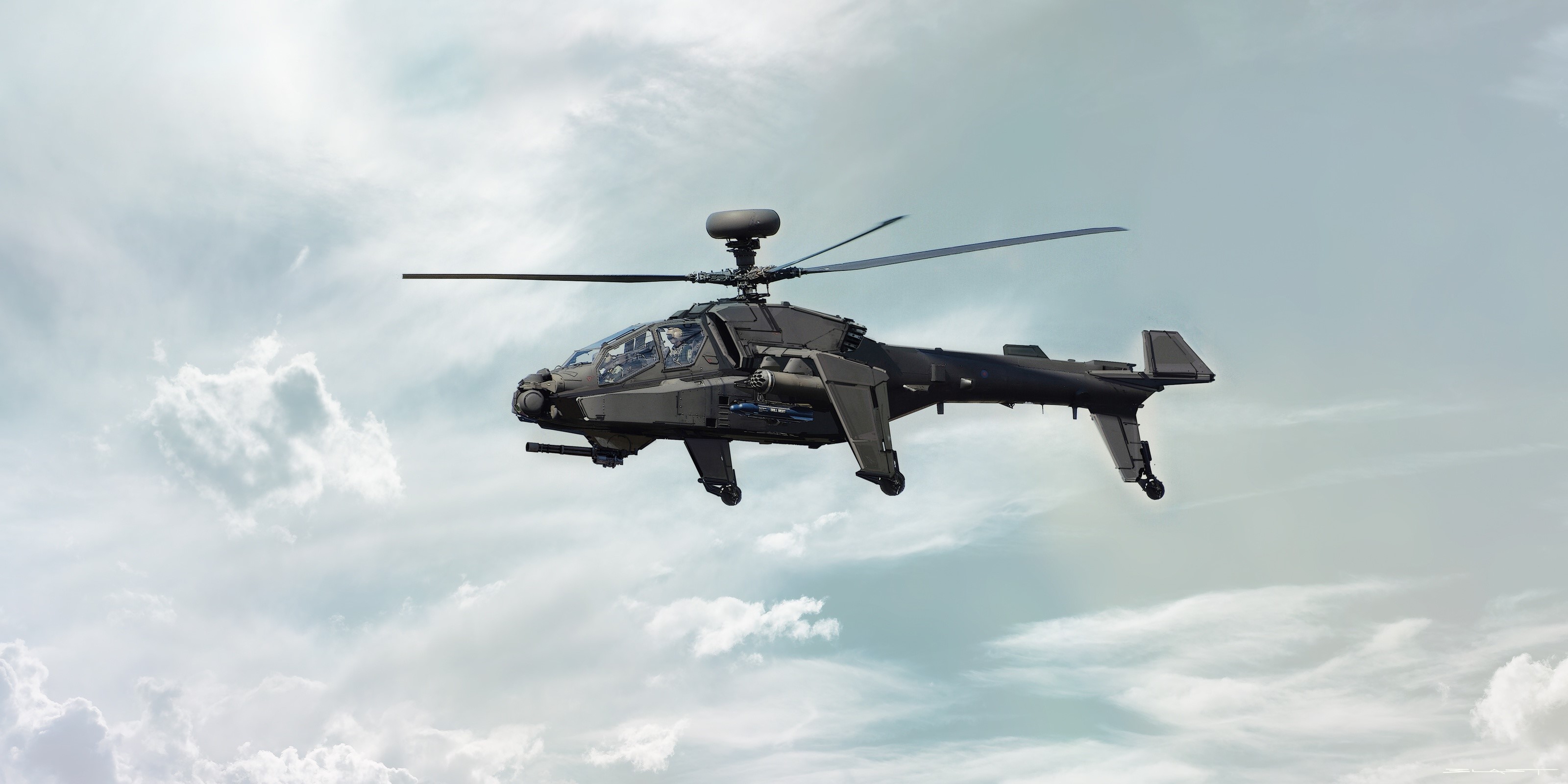 Dark military attack helicopter in flight HD Wallpaper