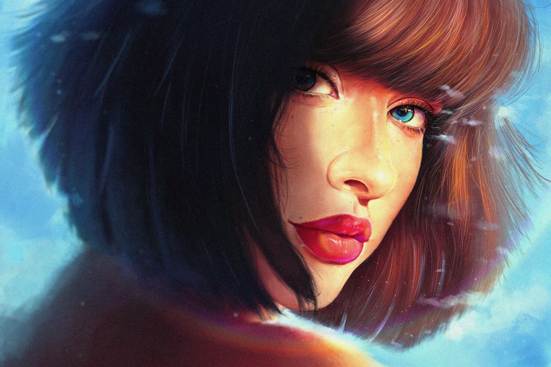 Artwork of a woman with red lipstick and blue eyes HD Wallpaper
