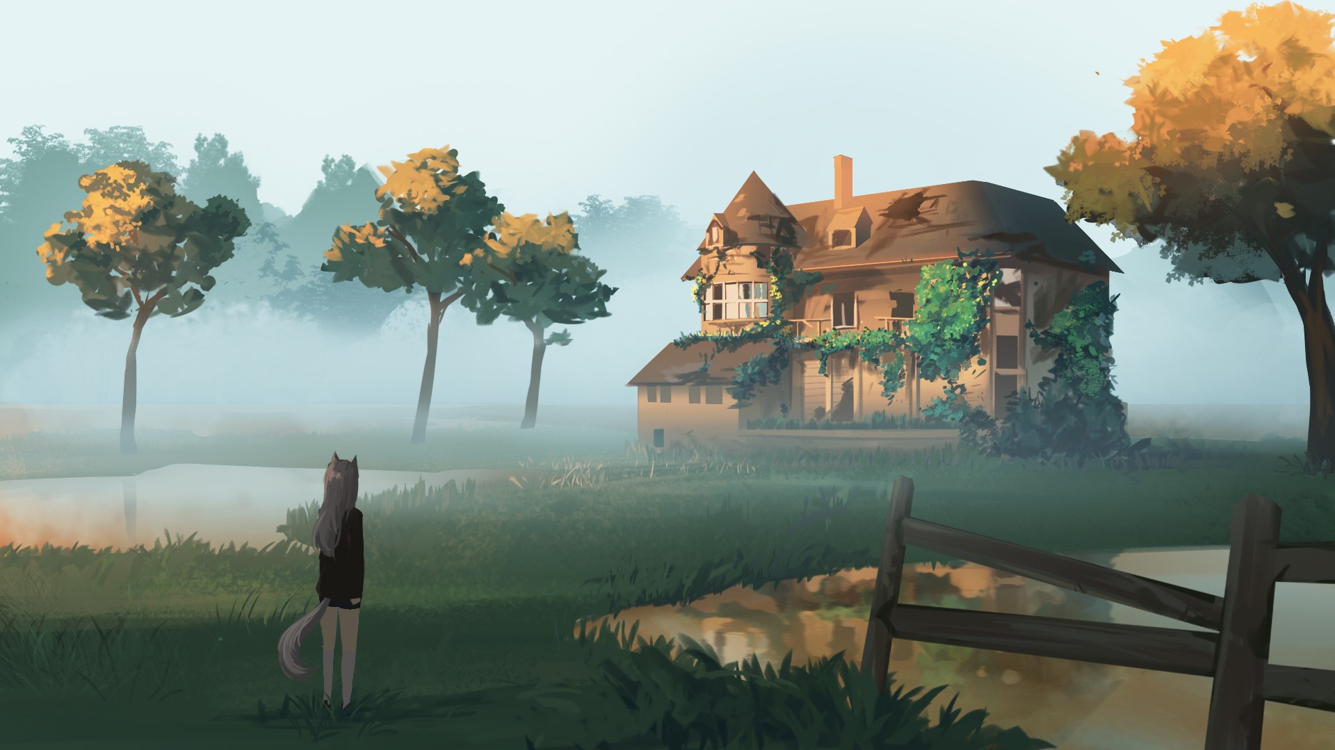 Anime girl with cat ears and tail in front of abandoned house HD Wallpaper