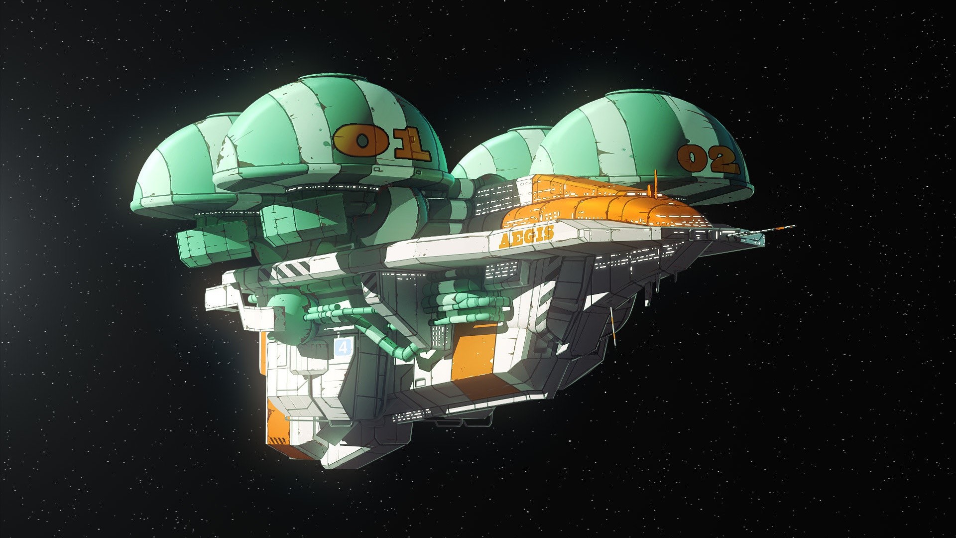 Spaceship AEGIS with domes labeled 01 and 02 in space HD Wallpaper
