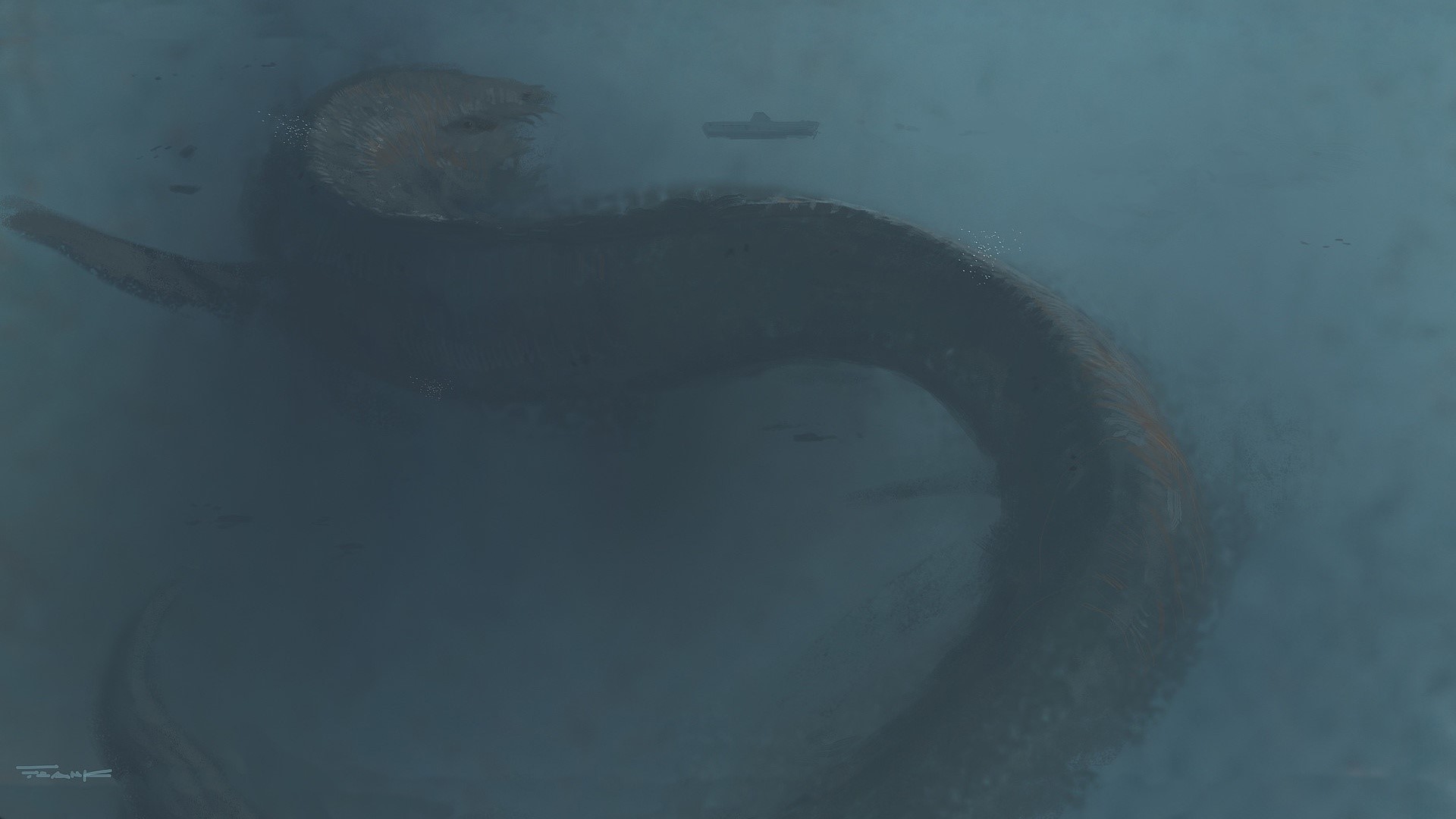 Giant sea creature and submarine underwater HD Wallpaper