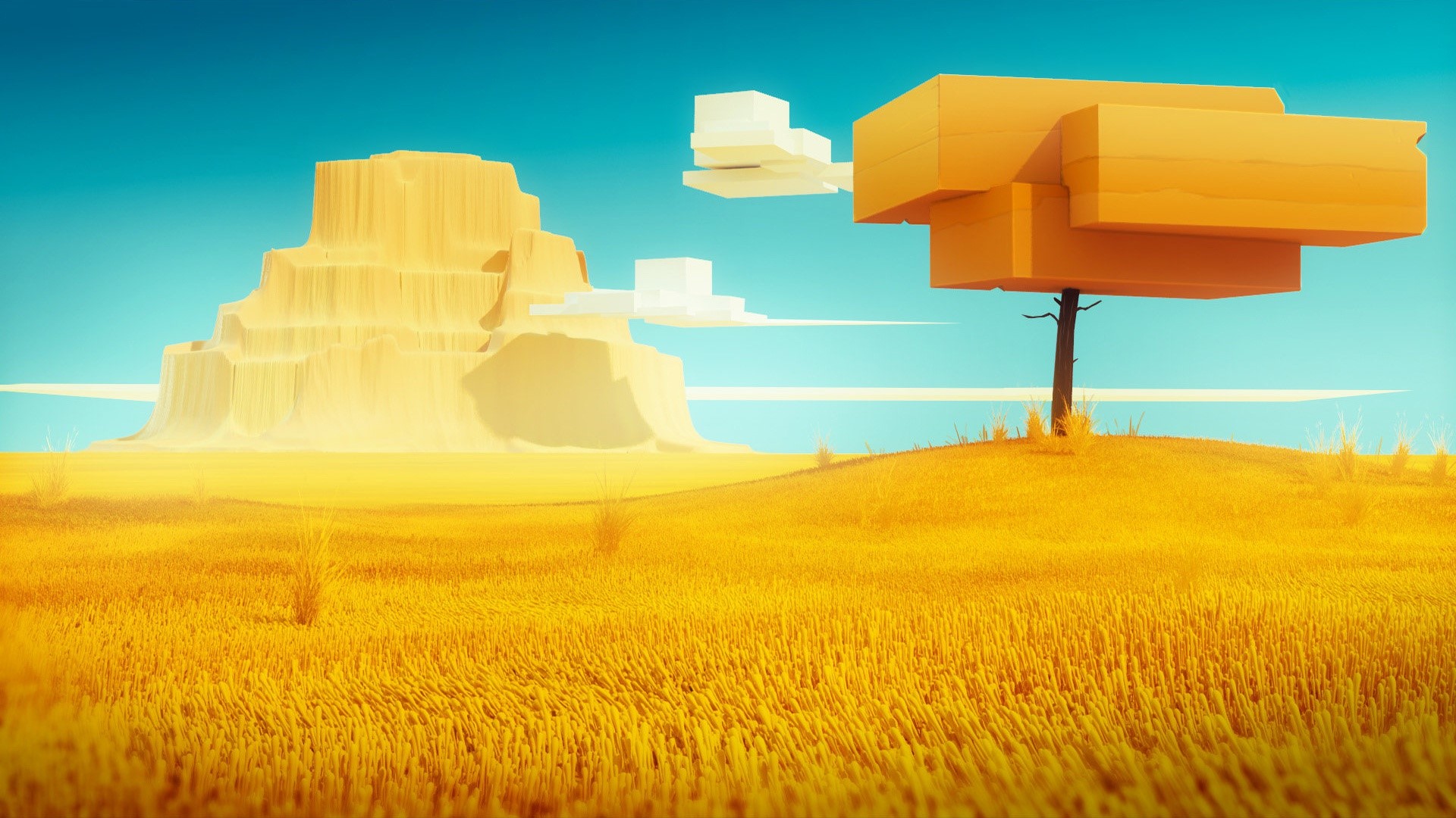 Stylized desert landscape with rock formations and a tree HD Wallpaper
