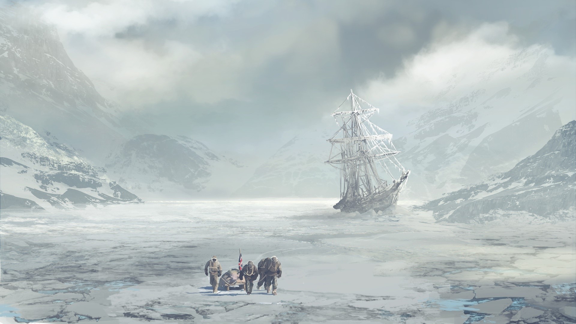 Artwork of explorers and a frozen ship in the Arctic HD Wallpaper
