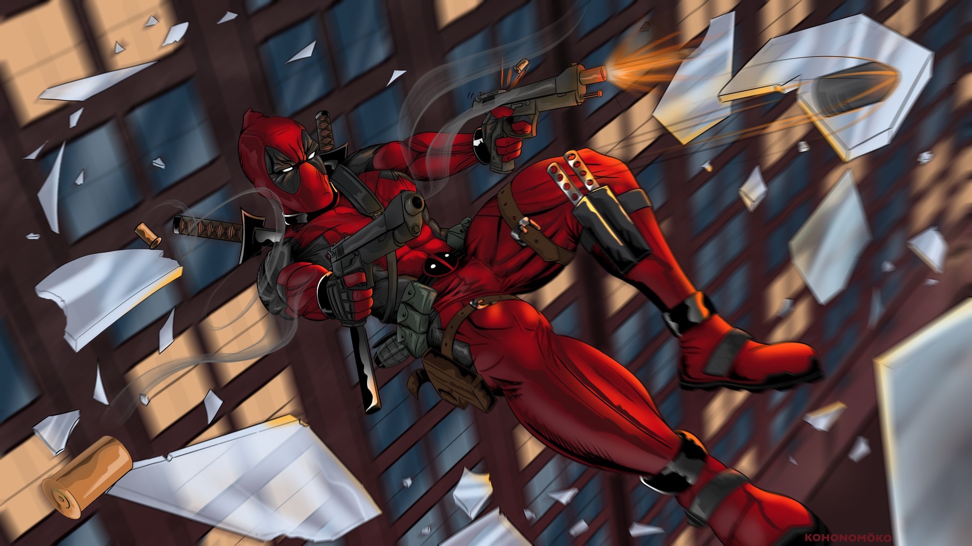 Deadpool shooting guns through broken glass HD Wallpaper