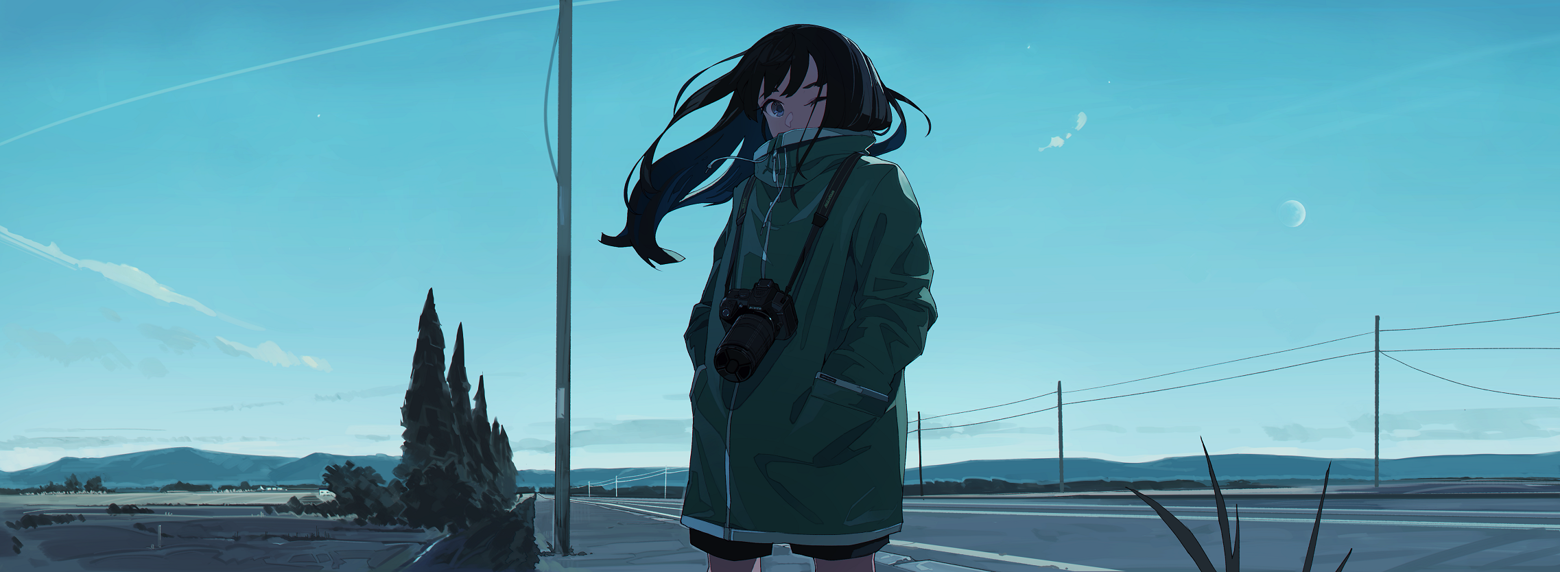 Girl with camera on a road at dusk HD Wallpaper