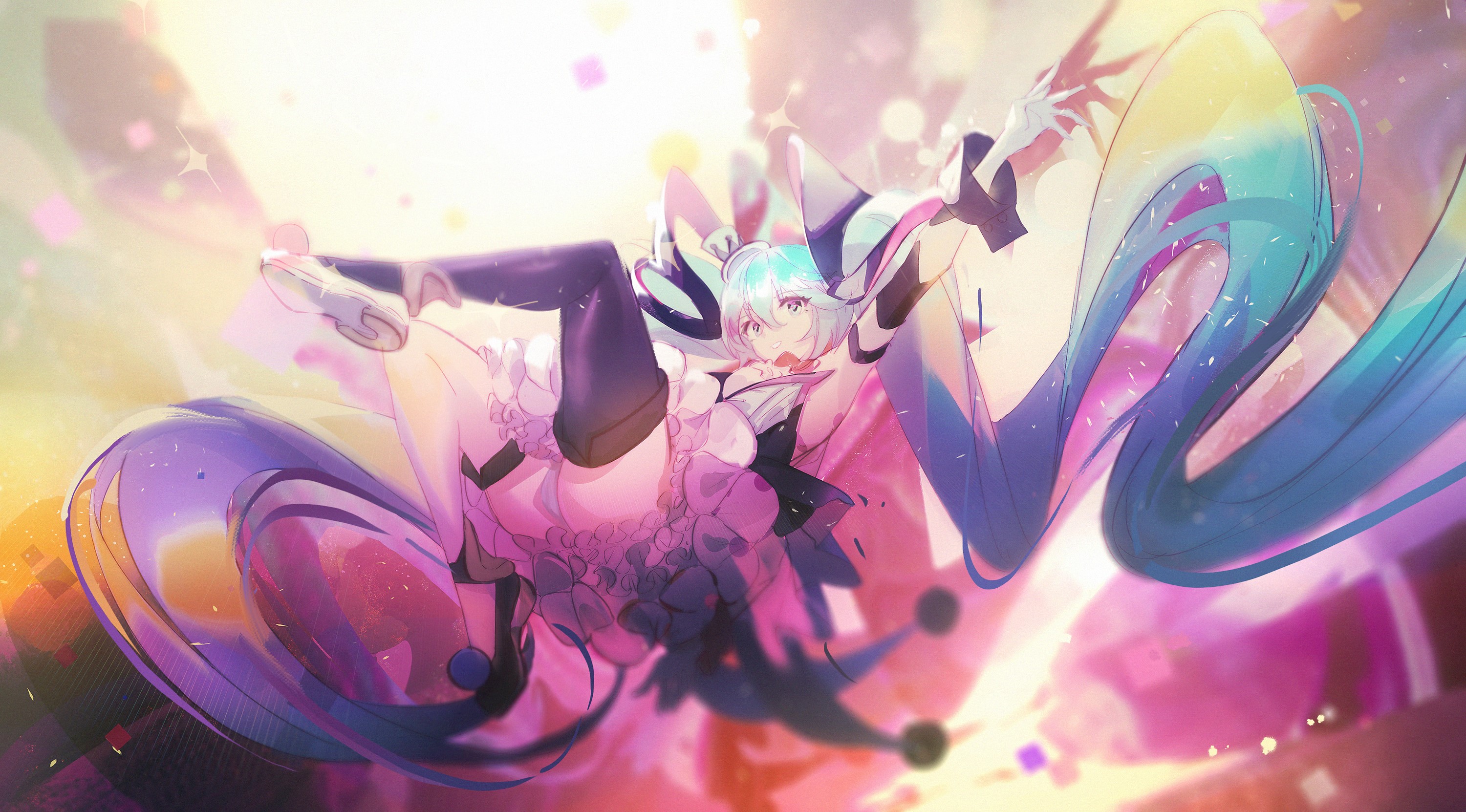 Hatsune Miku from Vocaloid in a dynamic pose HD Wallpaper