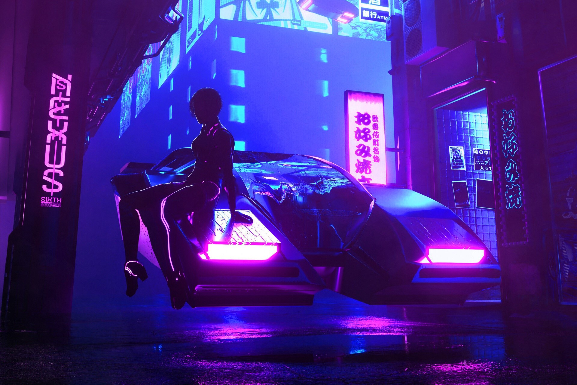 Cyberpunk woman sitting on a futuristic car at night HD Wallpaper