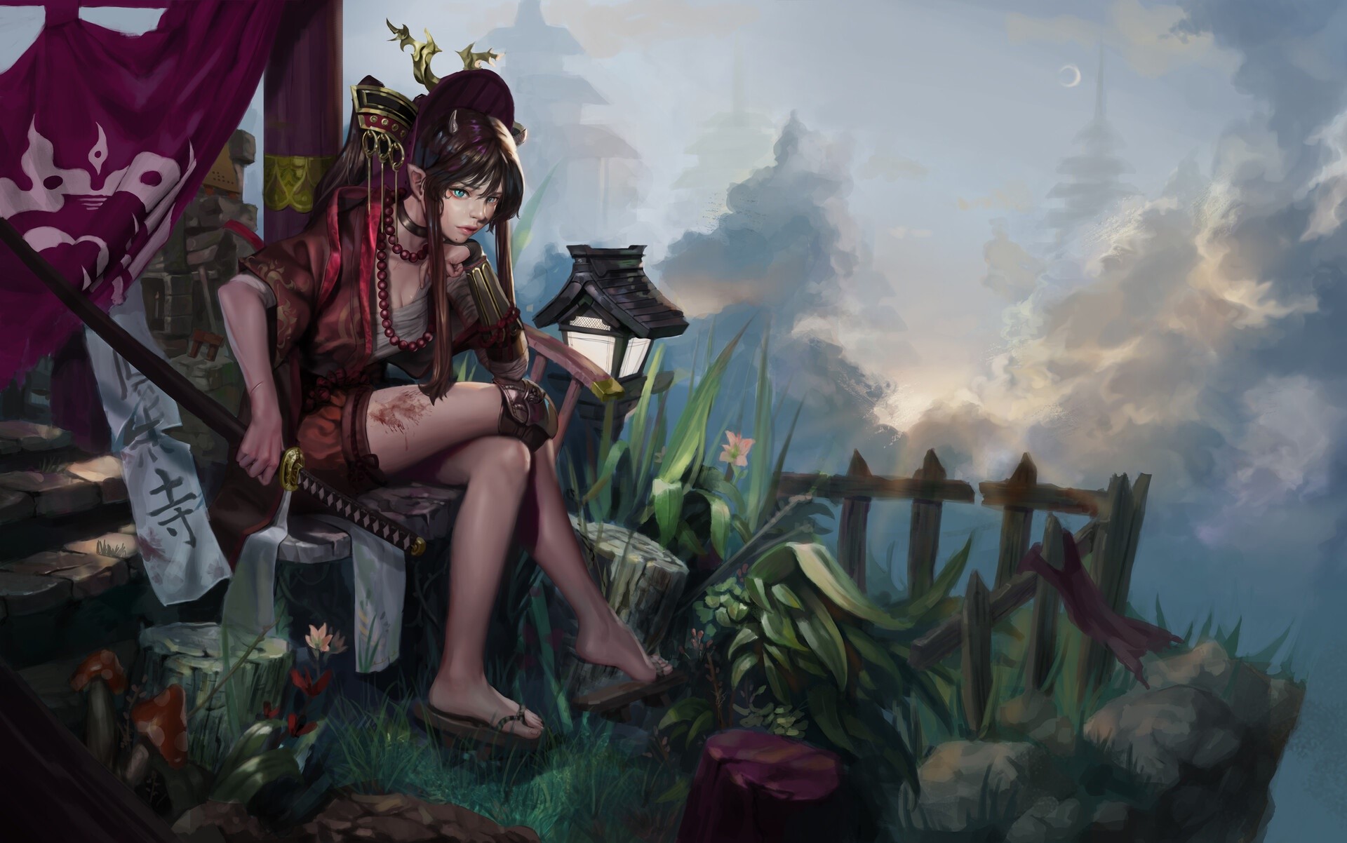 Fantasy girl with horns and sword sitting outdoors HD Wallpaper