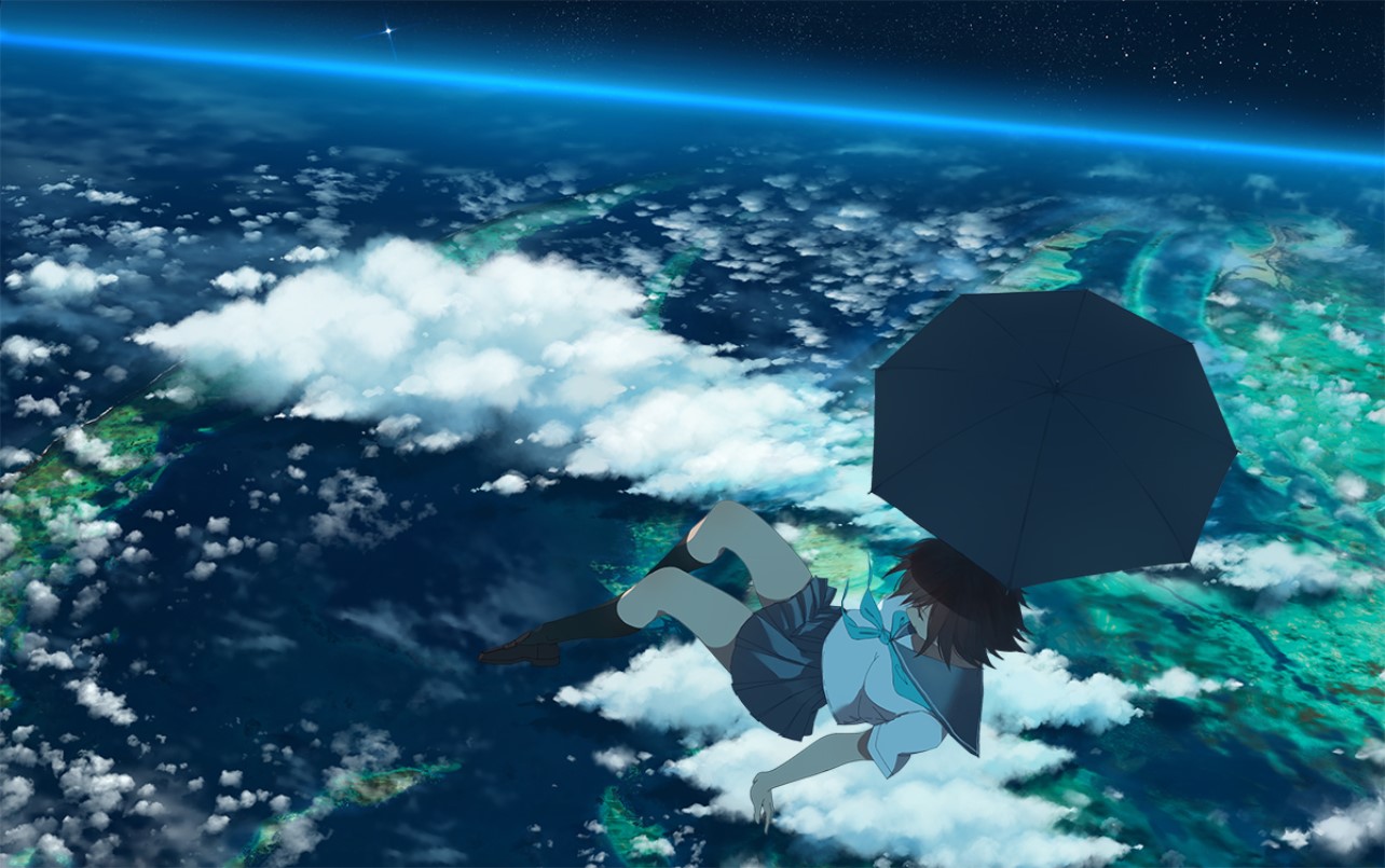 Girl with umbrella floating above Earth HD Wallpaper