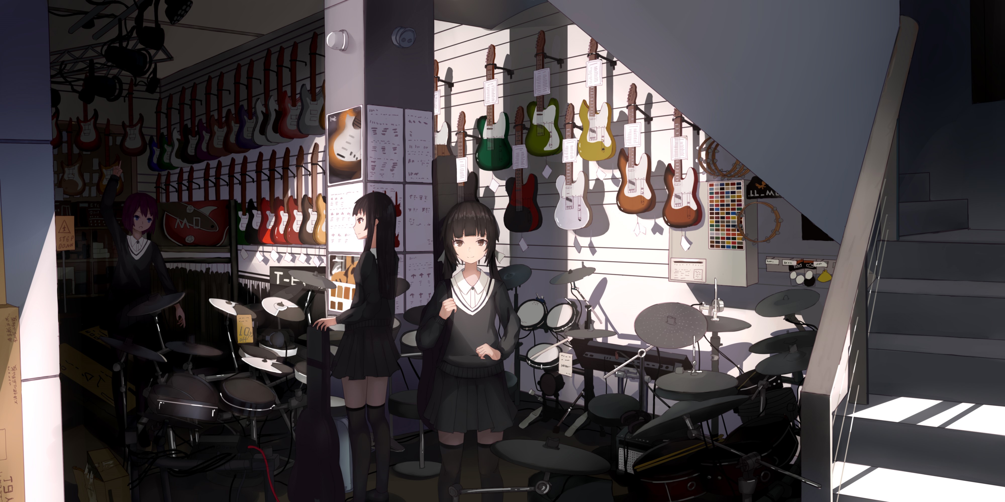 Anime girls in school uniforms in a music store HD Wallpaper