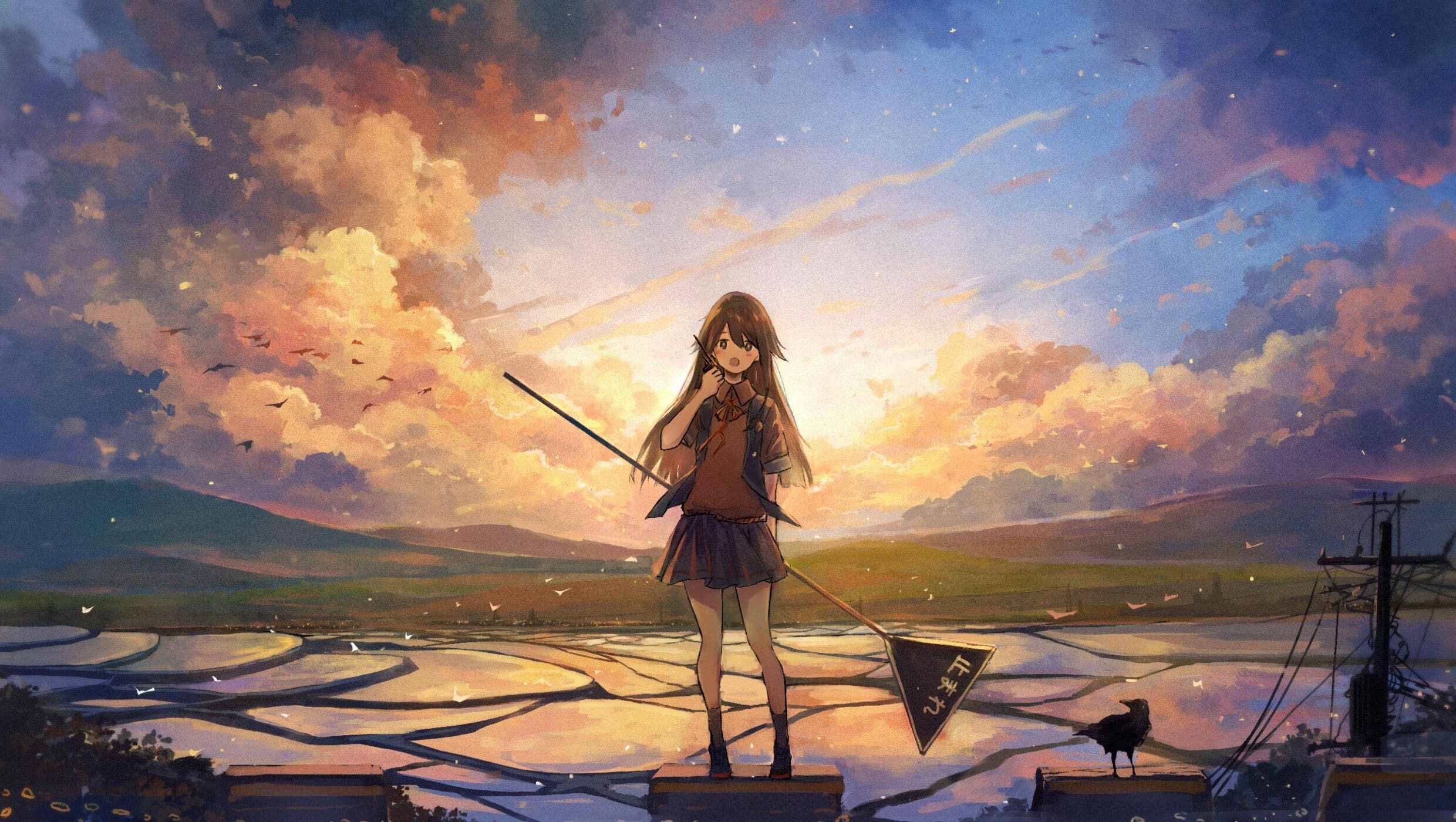 Anime girl with a fishing net at sunset HD Wallpaper