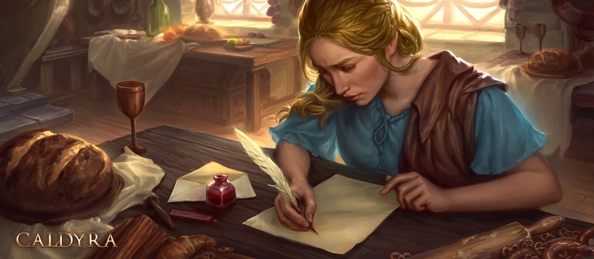 Woman writing with a quill in a kitchen HD Wallpaper