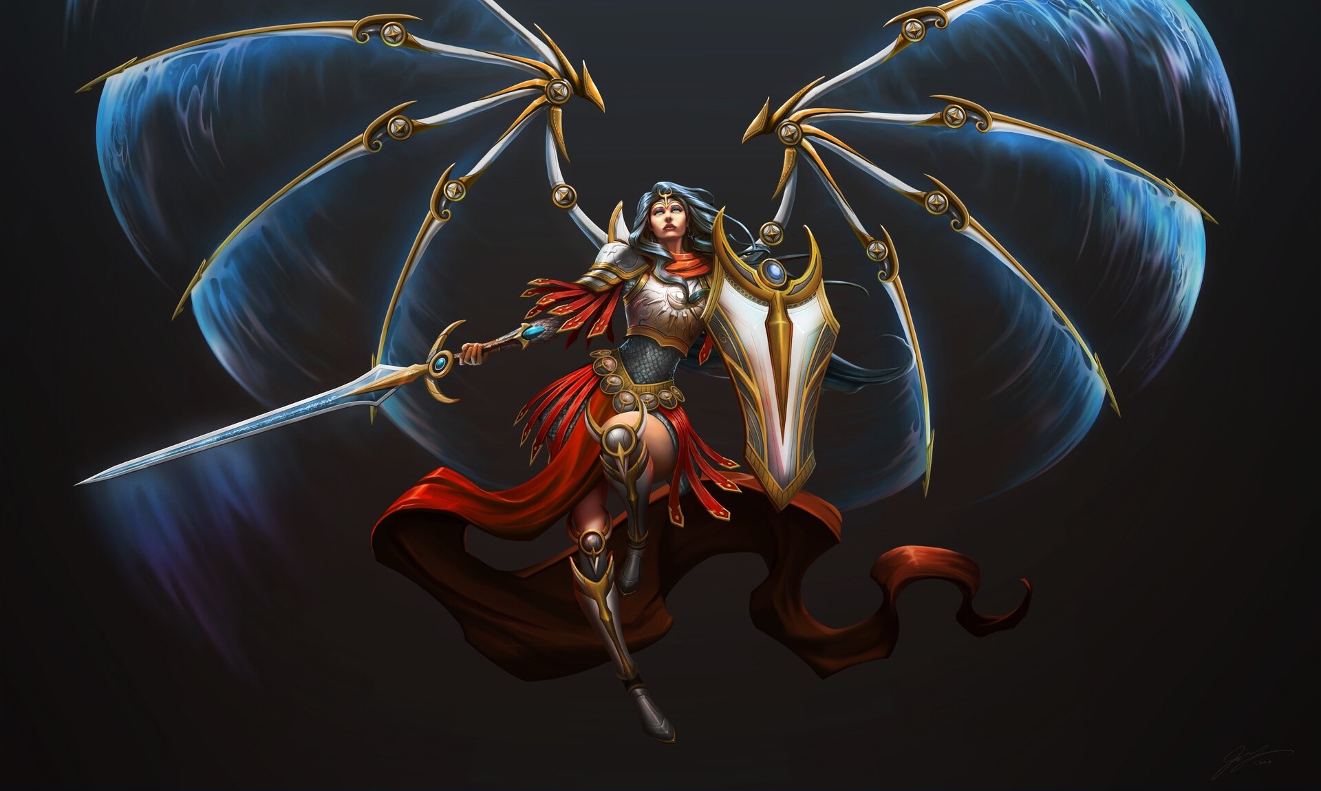 Fantasy warrior woman with wings, sword, and shield HD Wallpaper
