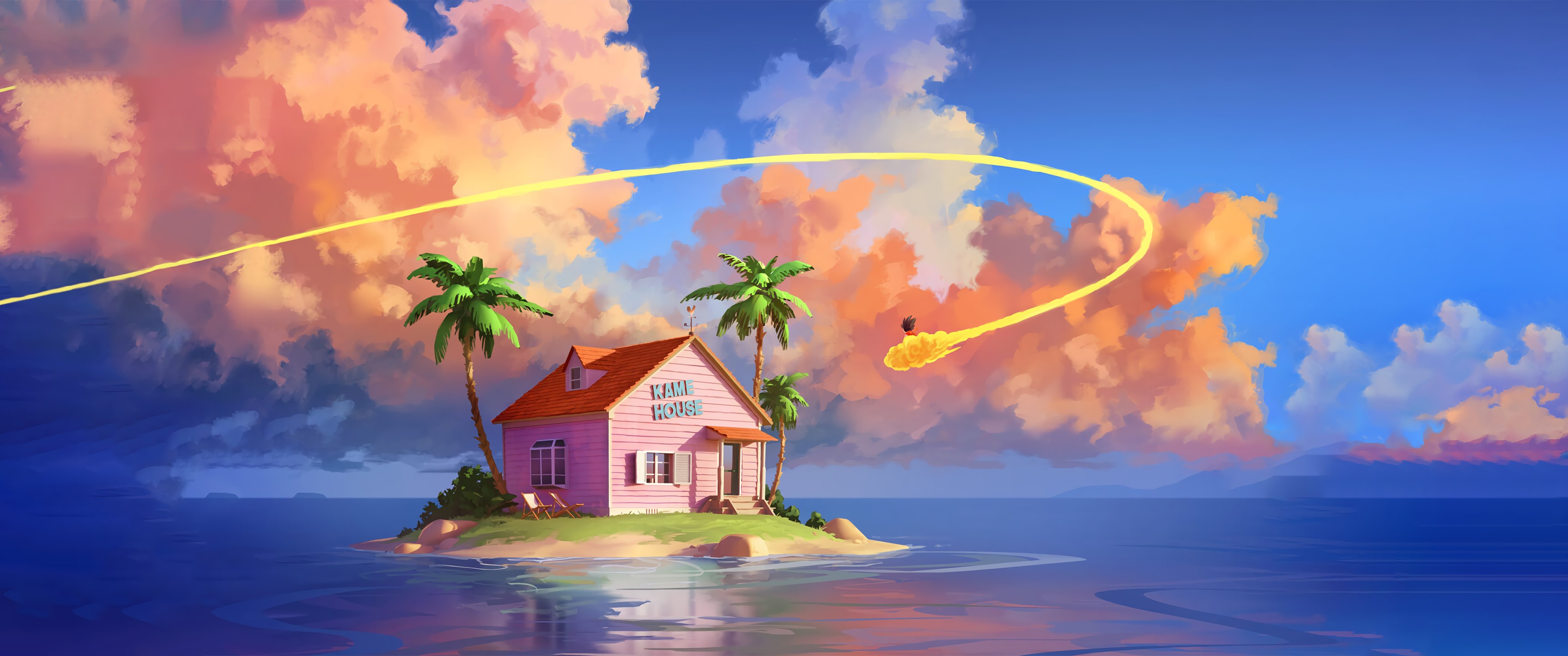 Goku flying on Nimbus cloud past Kame House HD Wallpaper