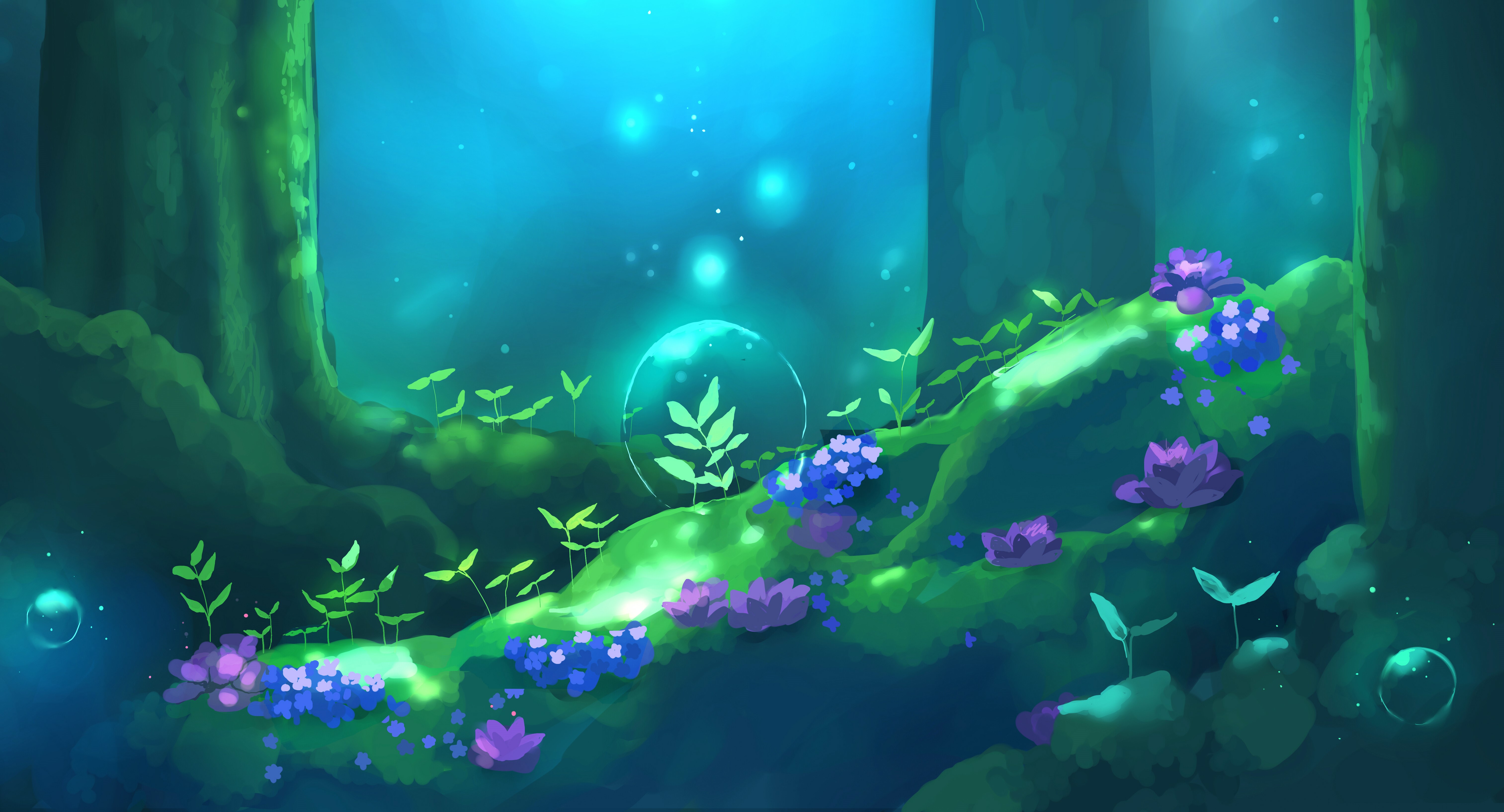 Magical forest with glowing plants and flowers HD Wallpaper