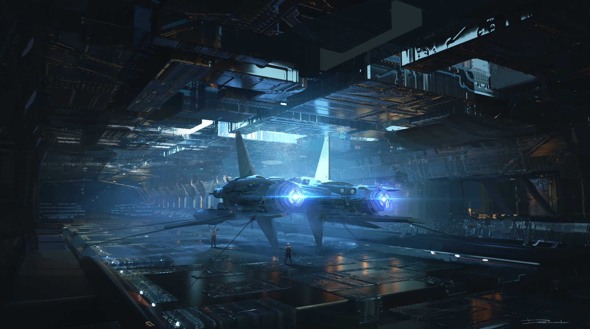 Artwork of a futuristic spaceship in a hangar by Nana Dhebuadze HD Wallpaper