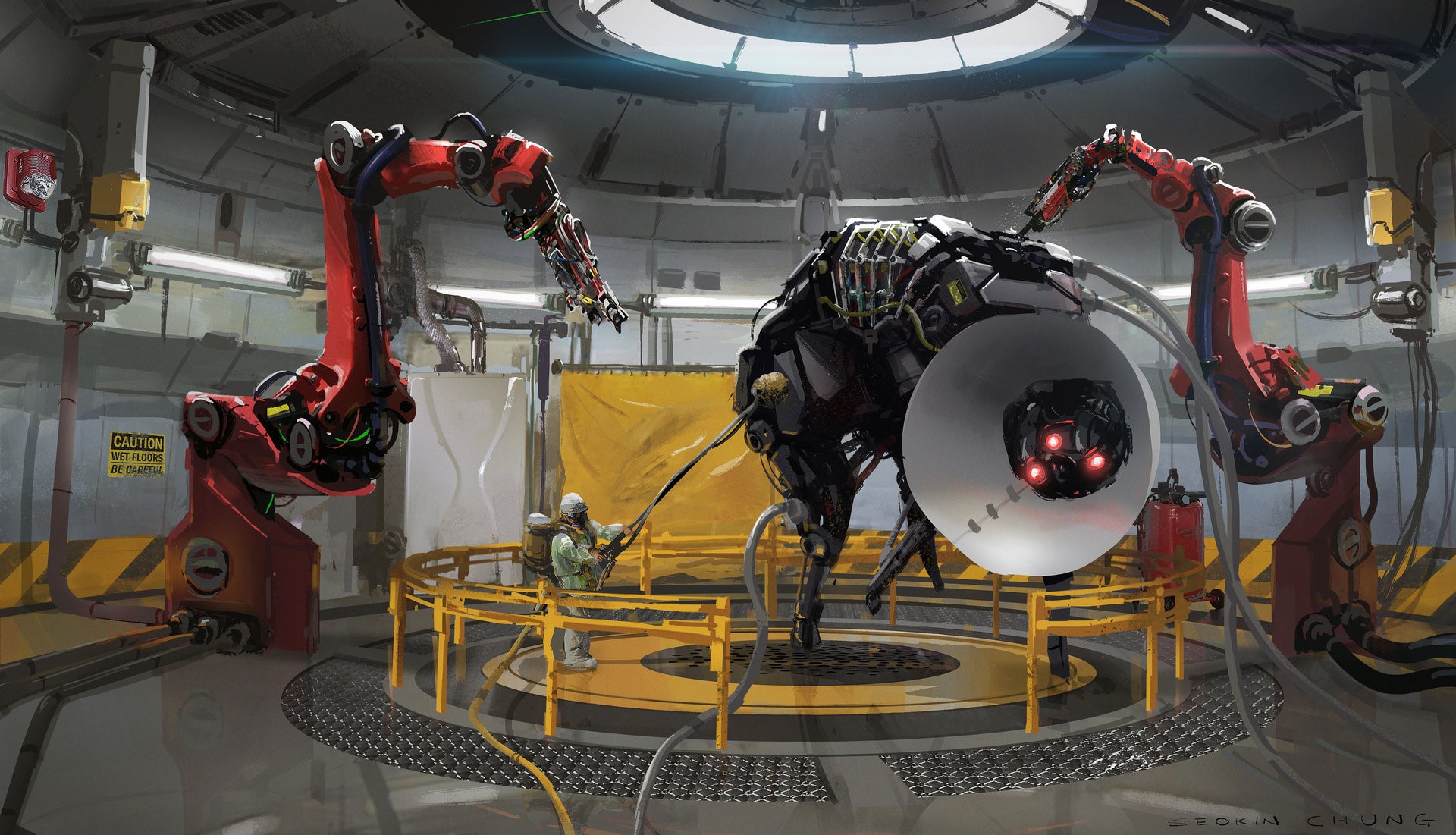 Robotic assembly in a futuristic laboratory HD Wallpaper