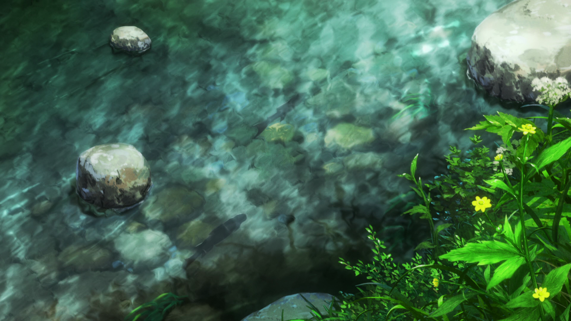 Non Non Biyori: A clear river with rocks and plants HD Wallpaper