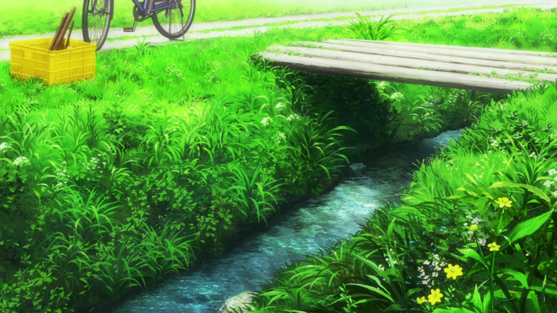 Nature scene with a stream and a bridge from Non Non Biyori HD Wallpaper