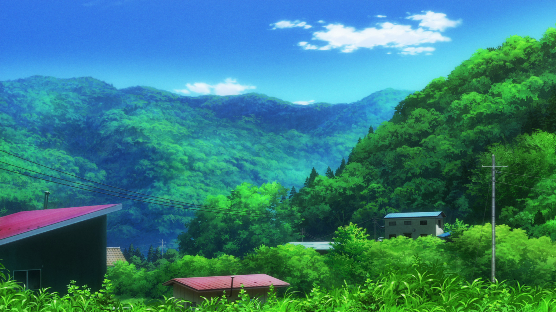 Anime landscape with mountains and houses HD Wallpaper