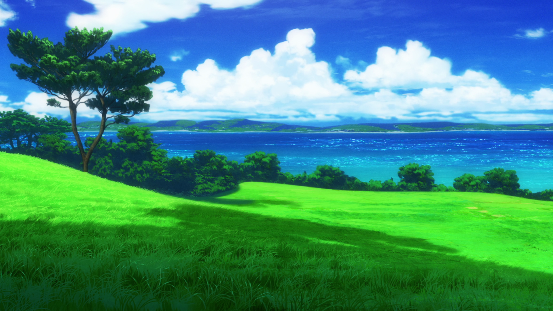 Anime landscape with a grassy field and ocean HD Wallpaper