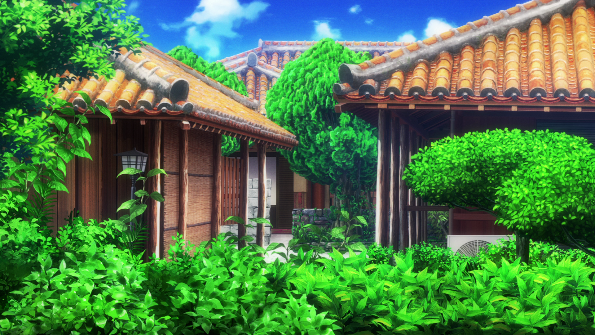 Anime scene with traditional Japanese houses and lush greenery HD Wallpaper