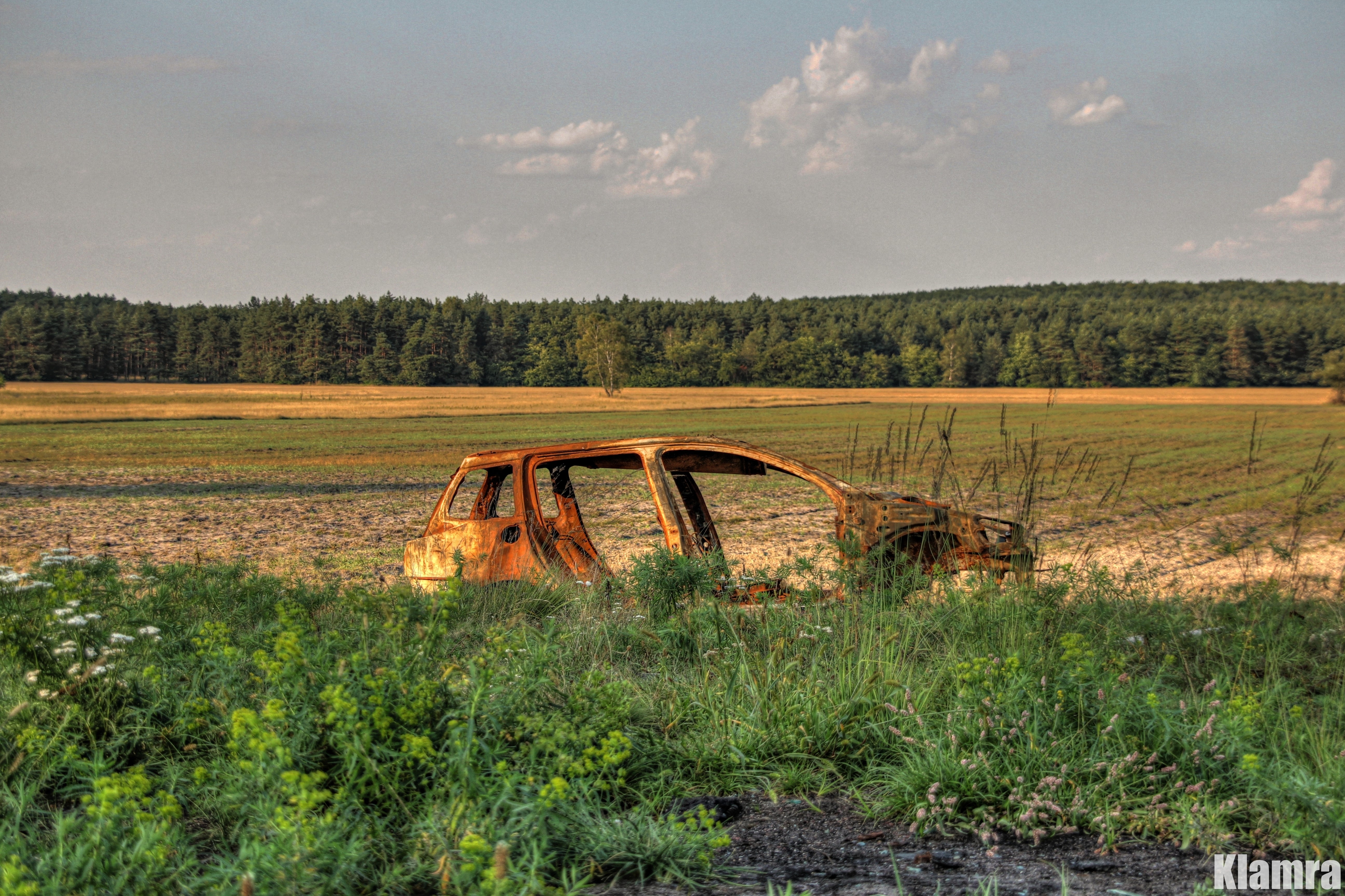 Abandoned car wreck in a field in Poland HD Wallpaper