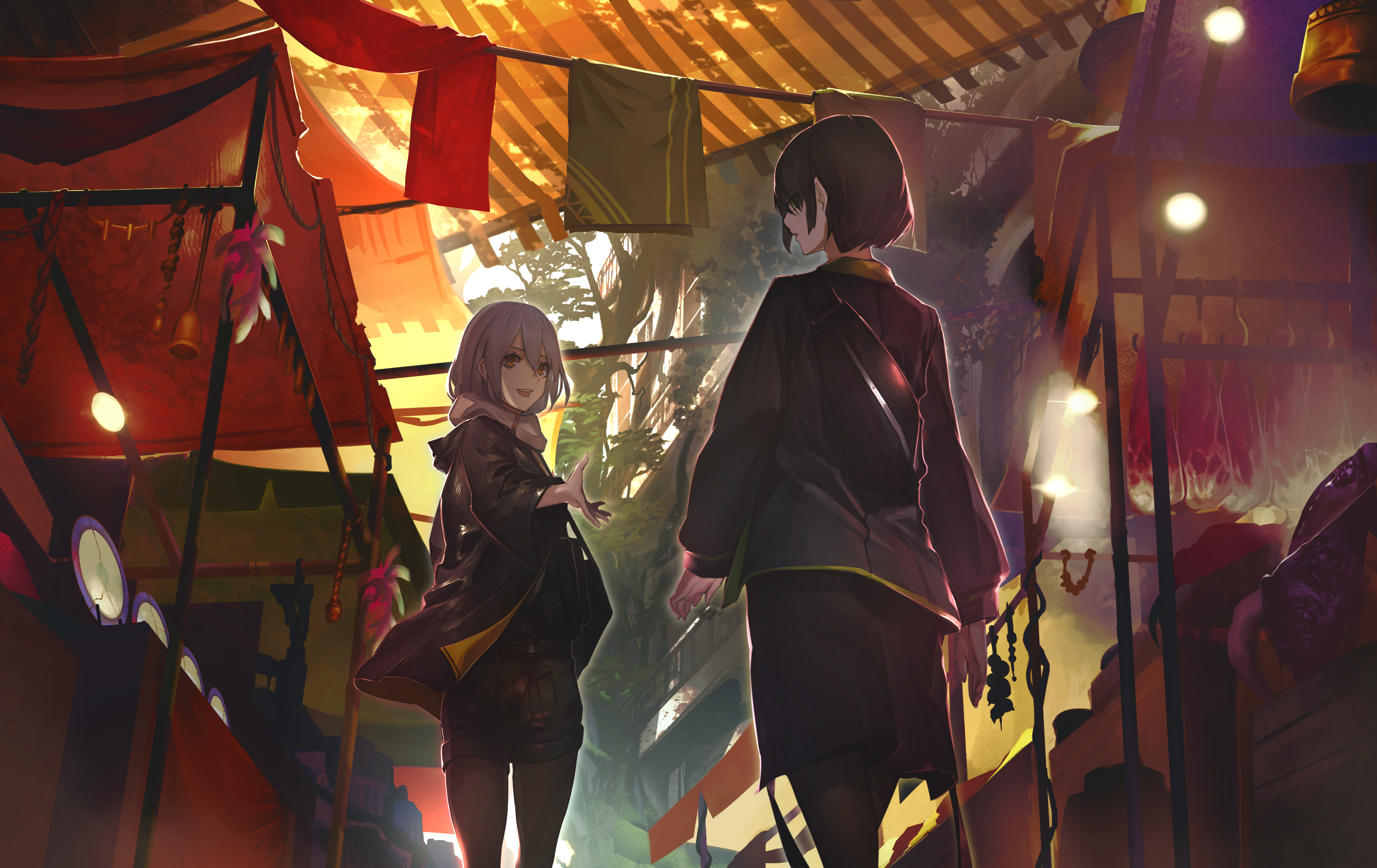 Two anime girls in a marketplace HD Wallpaper